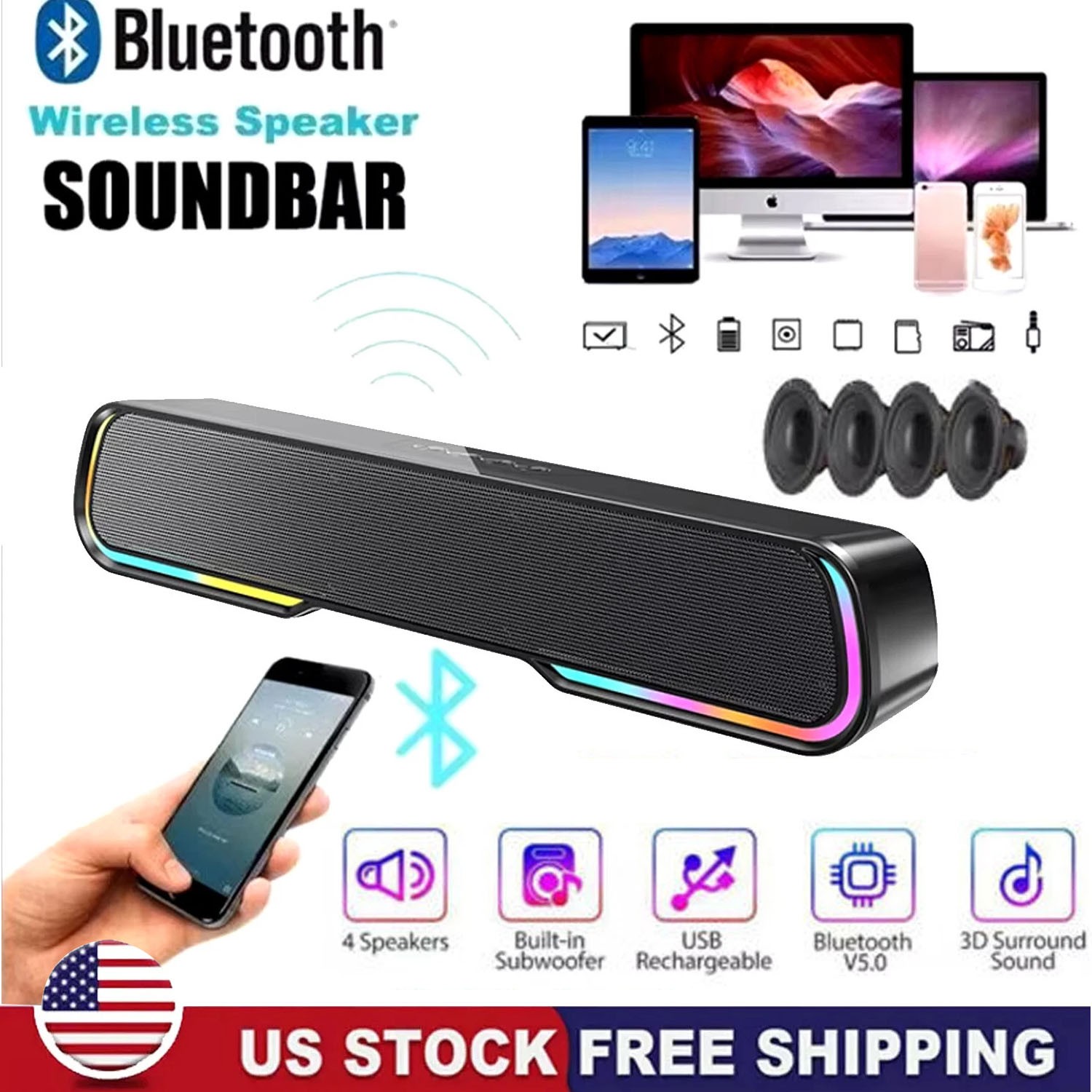 Wireless Computer Speakers Soundbar Stereo Bass Sound for Desktop PC Laptop US