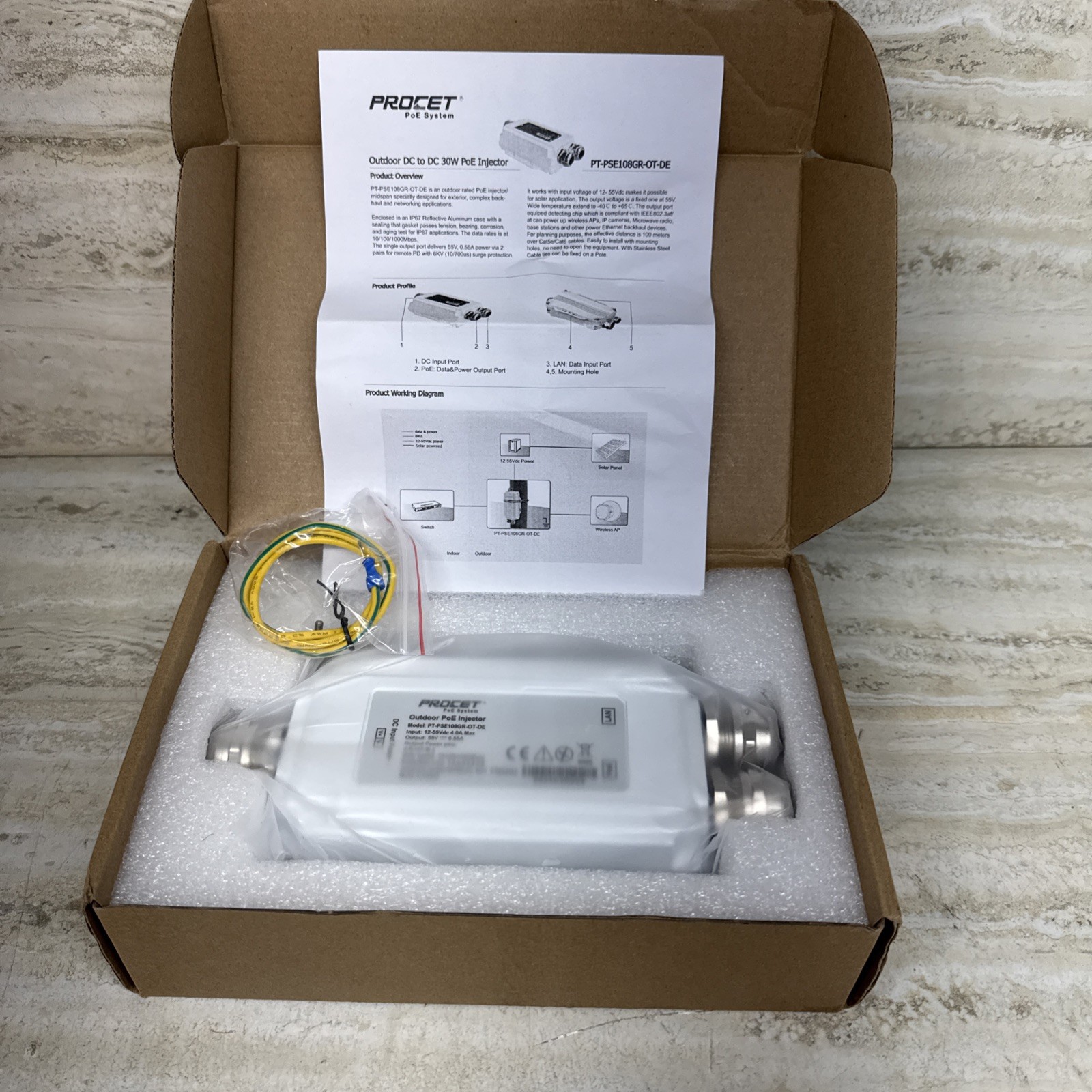 PROCET Outdoor 10 Gigabit 30W Poe Injector Outdoor Ieee802.3At IP67 L27 Open Box