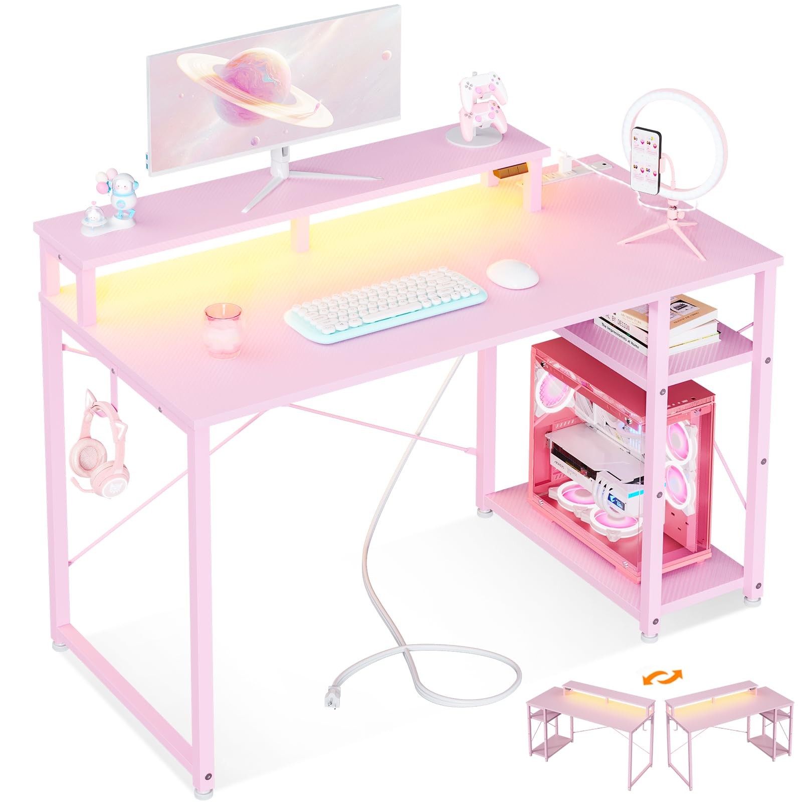 MOTPK 40" Pink Gaming Desk w/ LED Lights, Storage Shelf, Monitor Stand, Carbon F
