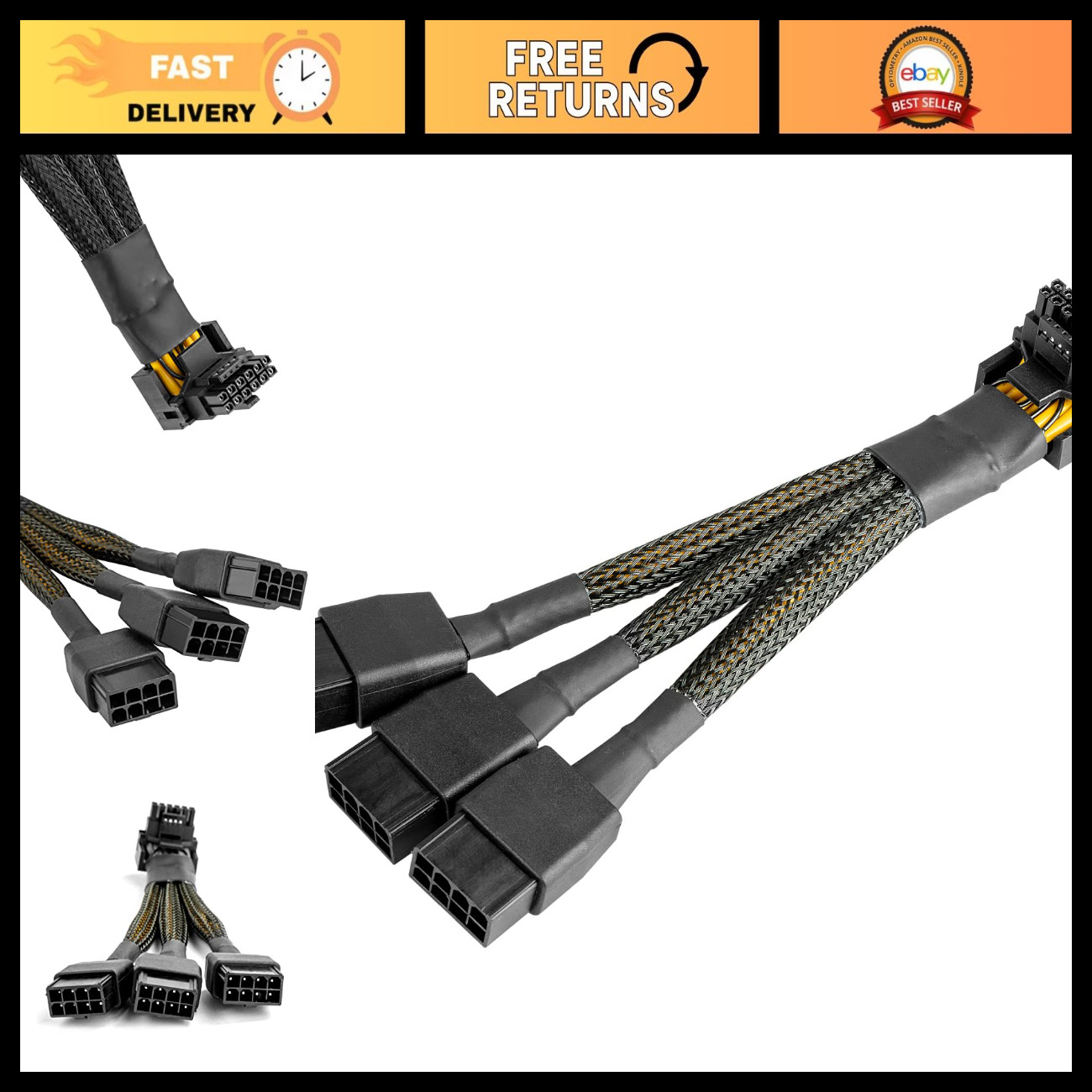 16Pin GPU Cable to 3X 8 Pin PCIe Extension - 16AWG 600W Right Angle Adapter for