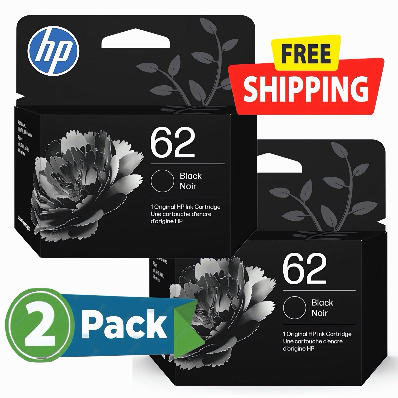 (2-PACK) Genuine HP 62 Black Ink Cartridge (C2P04AN) EXP 6/2028 