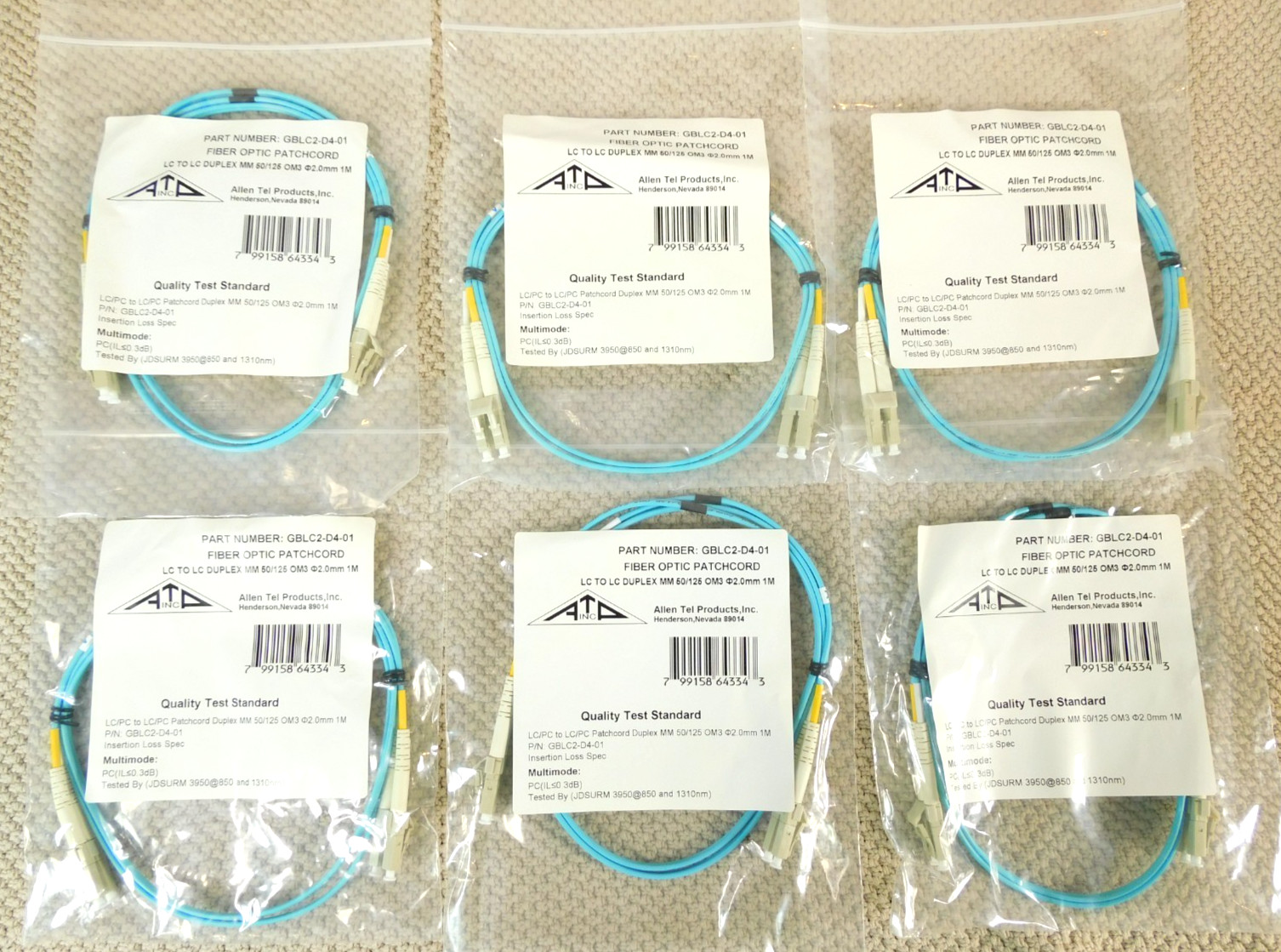 GBLC2-D4-01 LC-LC Allen Tel Fiber Optic Patch Cord MM OM3 Duplex 1 Meter- 6 PACK