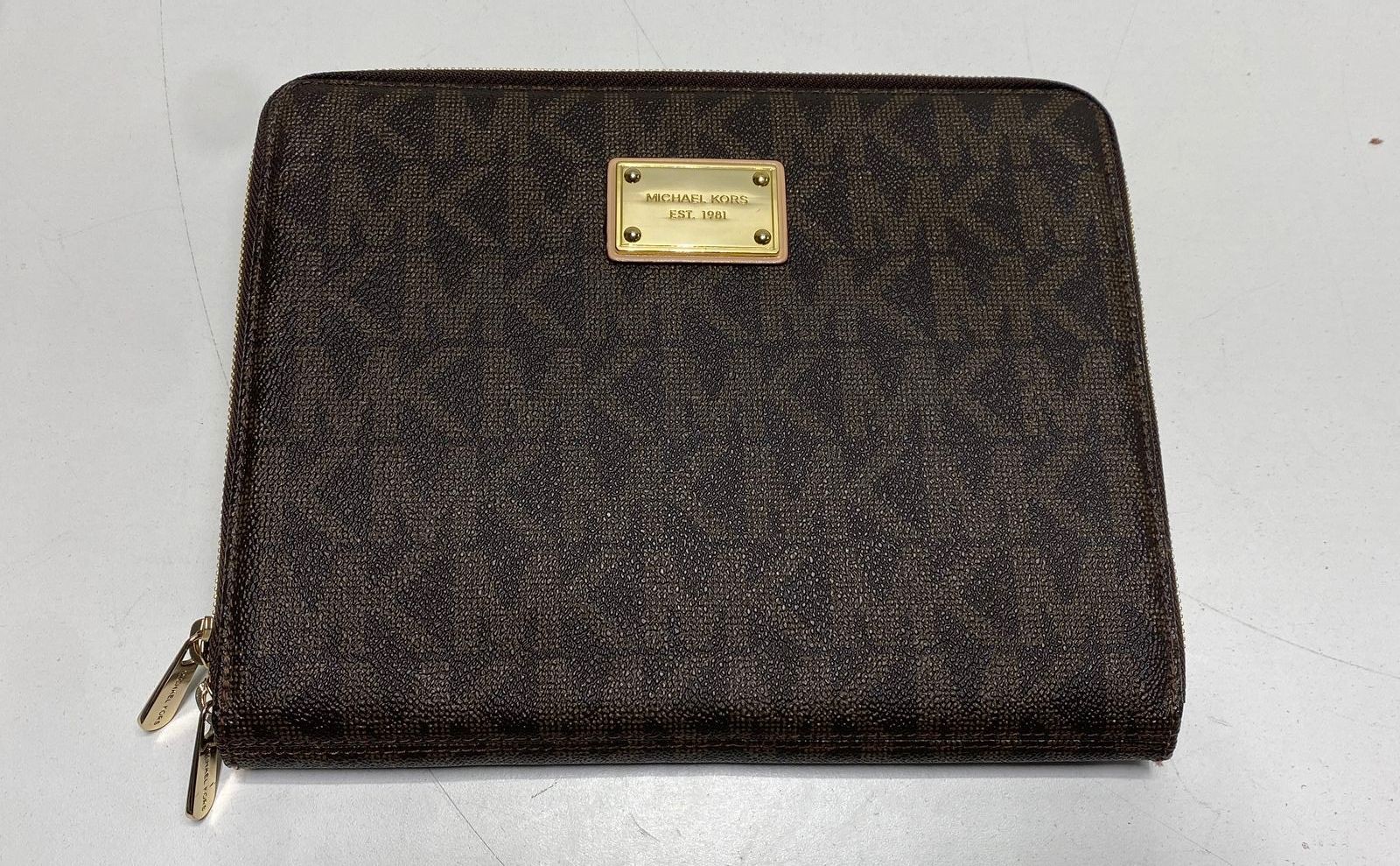 Michael Kors Brown Signature Monogram iPad Tablet Case Zip Wallet Organizer