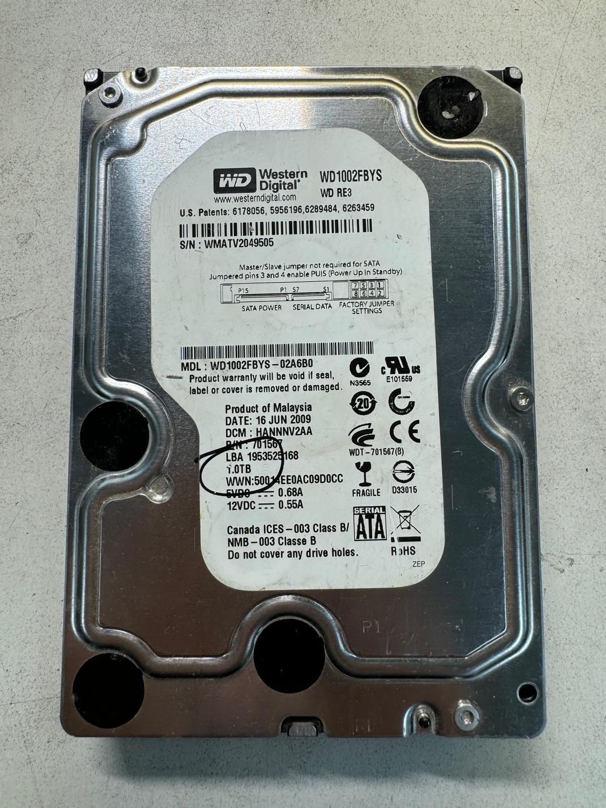 WD WD1002FBYS-02A6B0 701567 1TB 7.2K RPM 32MB Cache 3Gb/s 3.5" HDD