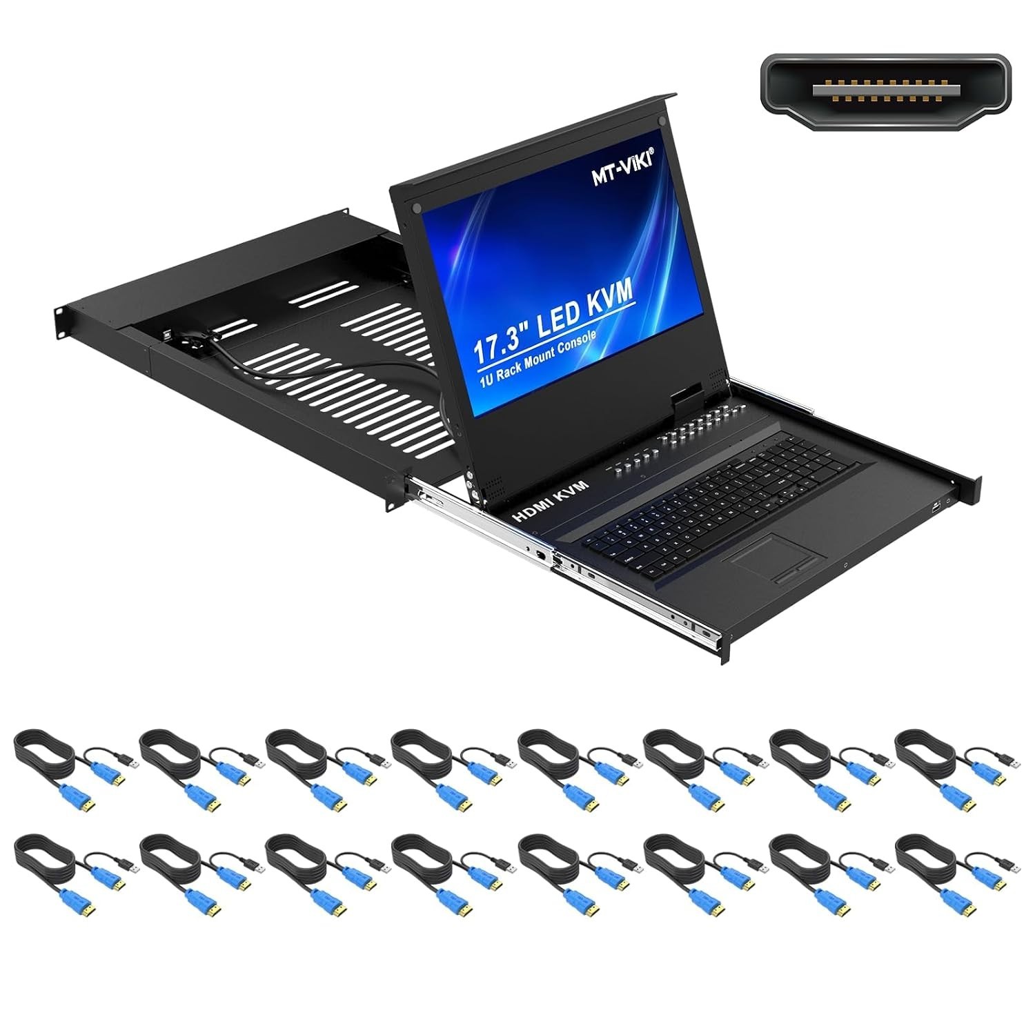 MT-VIKI Rack Mount KVM HDMI with 17.3'' LCD Monitor 1080P 16 Cables Power Supply