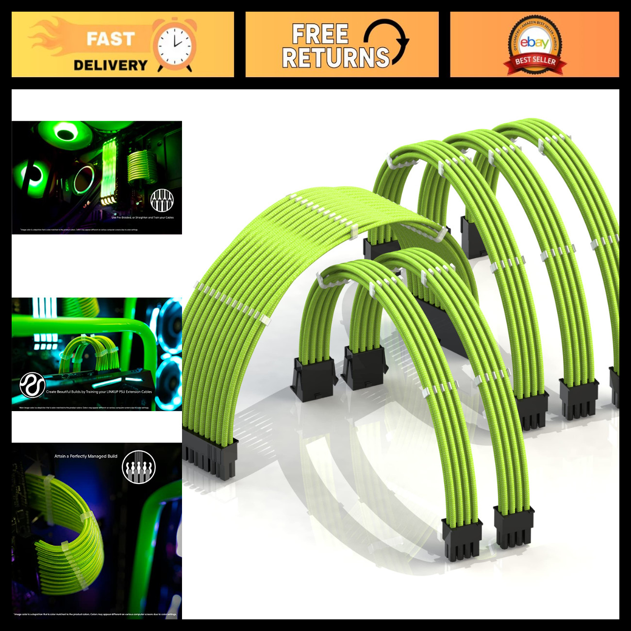 24-Pin PSU Extension Cable | Braided Sleeved, 30cm, Green | ATX Power Supply Cab