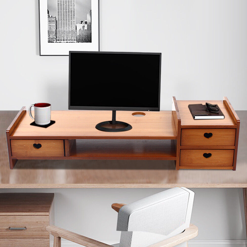 Bamboo Monitor Stand Riser W/Storage Drawer Desk Laptop Organizer Riser