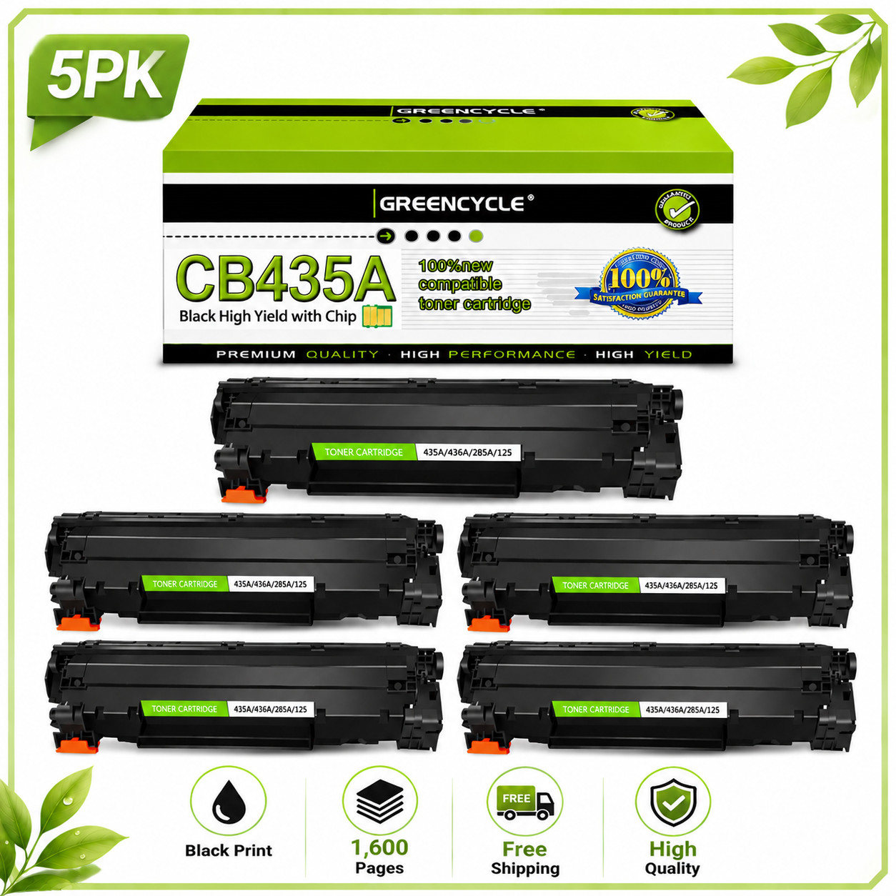 5 Pack CB435A 35A Black Toner Cartridge Compatible For HP LaserJet P1006 Printer