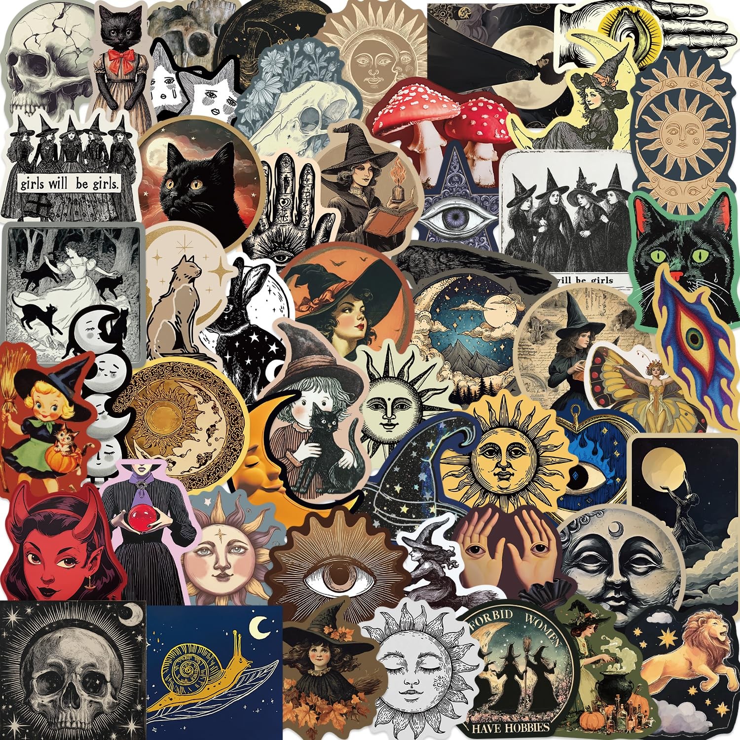 52Pcs Mysterious Celestial Stickers Pack, Witchy Tarot Sun Witch