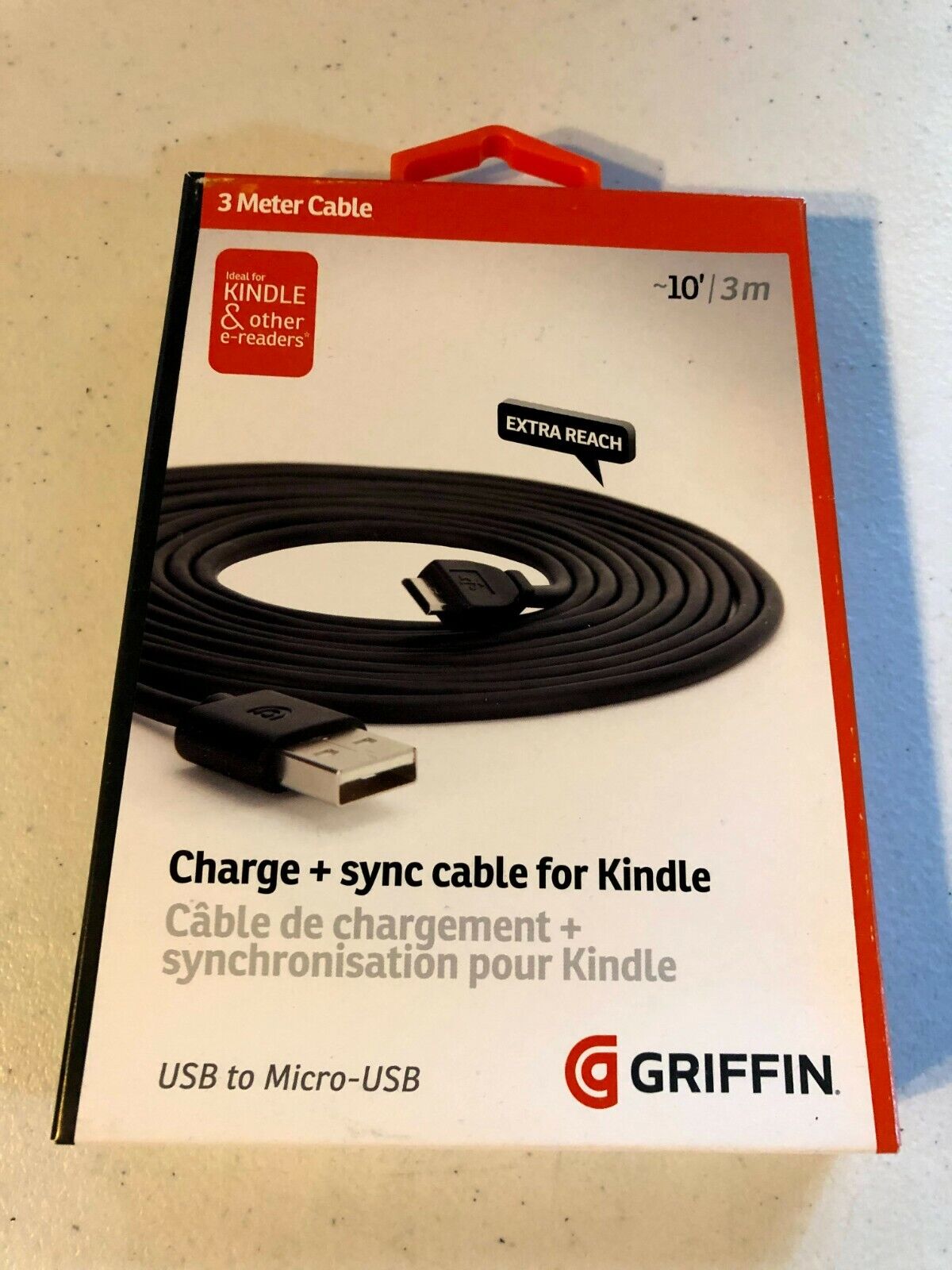 New - Sealed - Griffin Technology 10 foot Charge & Sync Cable for Kindle - Black