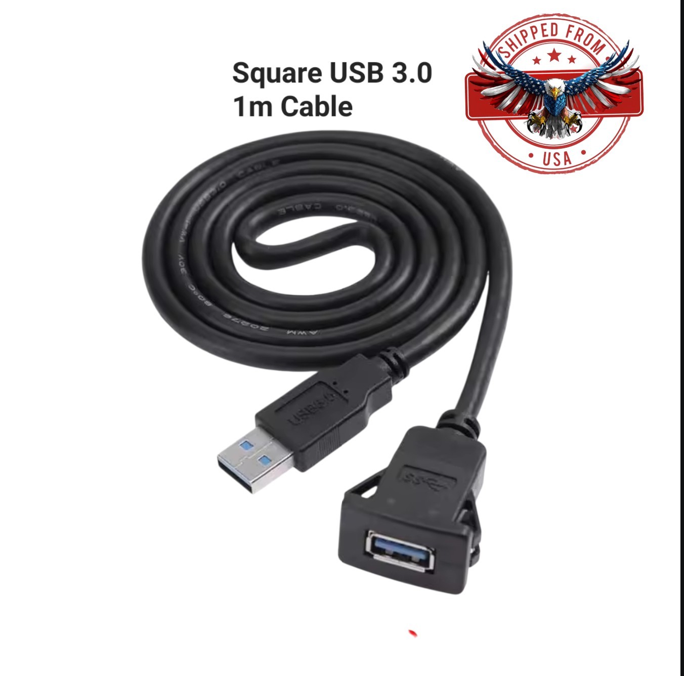 SIngle Port Square USB 3.0 Panel Flush Dash Mount Extension Cable Buckle Car 1m