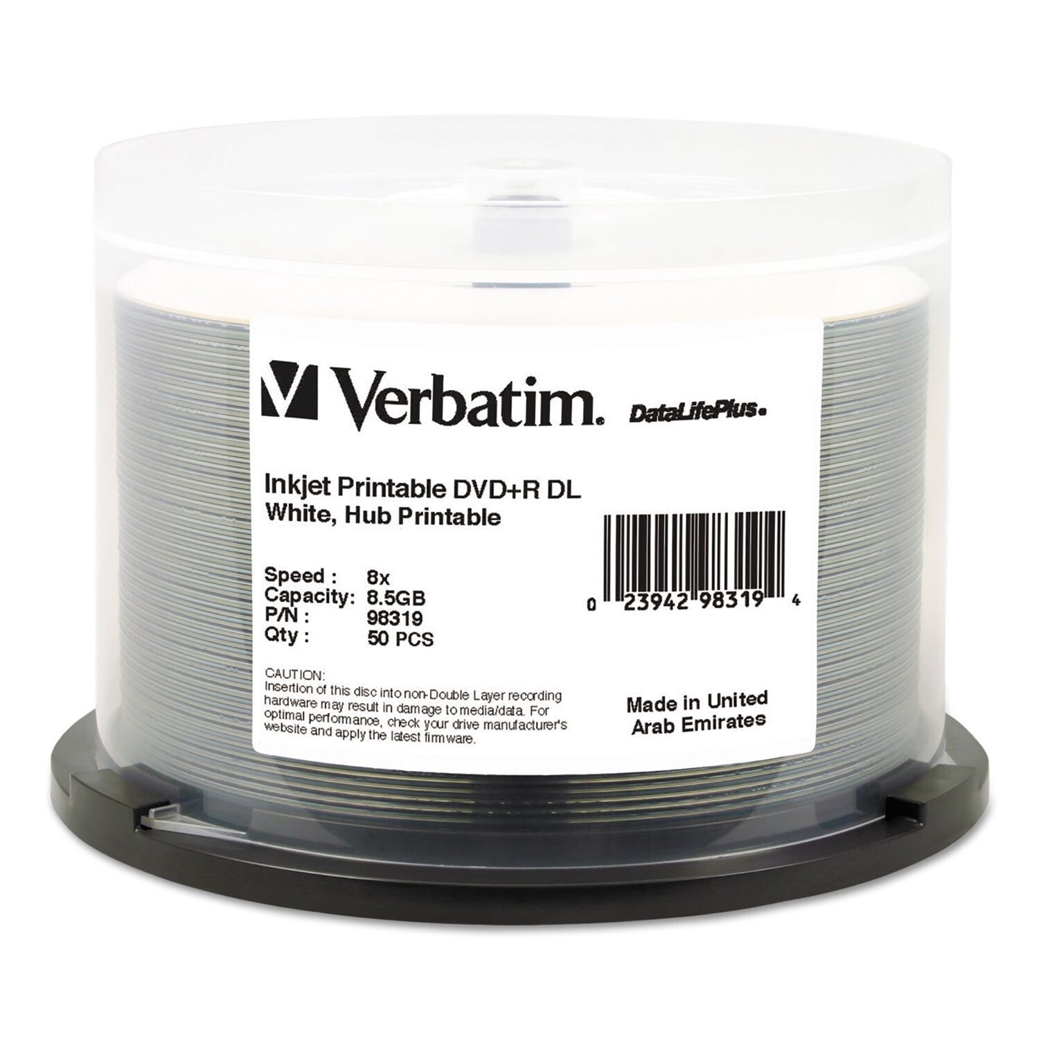 Verbatim DVD+R DL 8.5GB 8X DataLifePlus White InkJet Printable, Hub Printable...