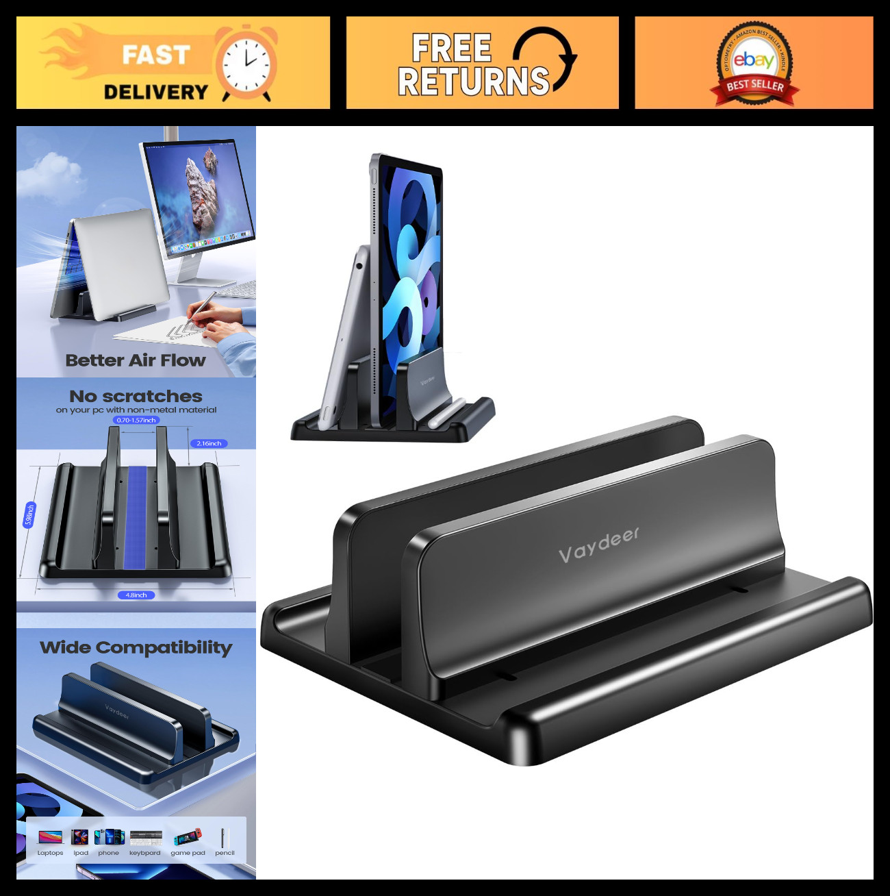 Adjustable Vertical Laptop Stand Holder - Space-Saving 3-in-1 Organizer for 17.3