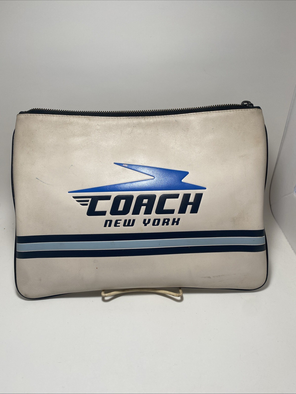 Coach Leather Cream and Blue Tablet Bag Purse Wallet Satchel NoB1944 F73076