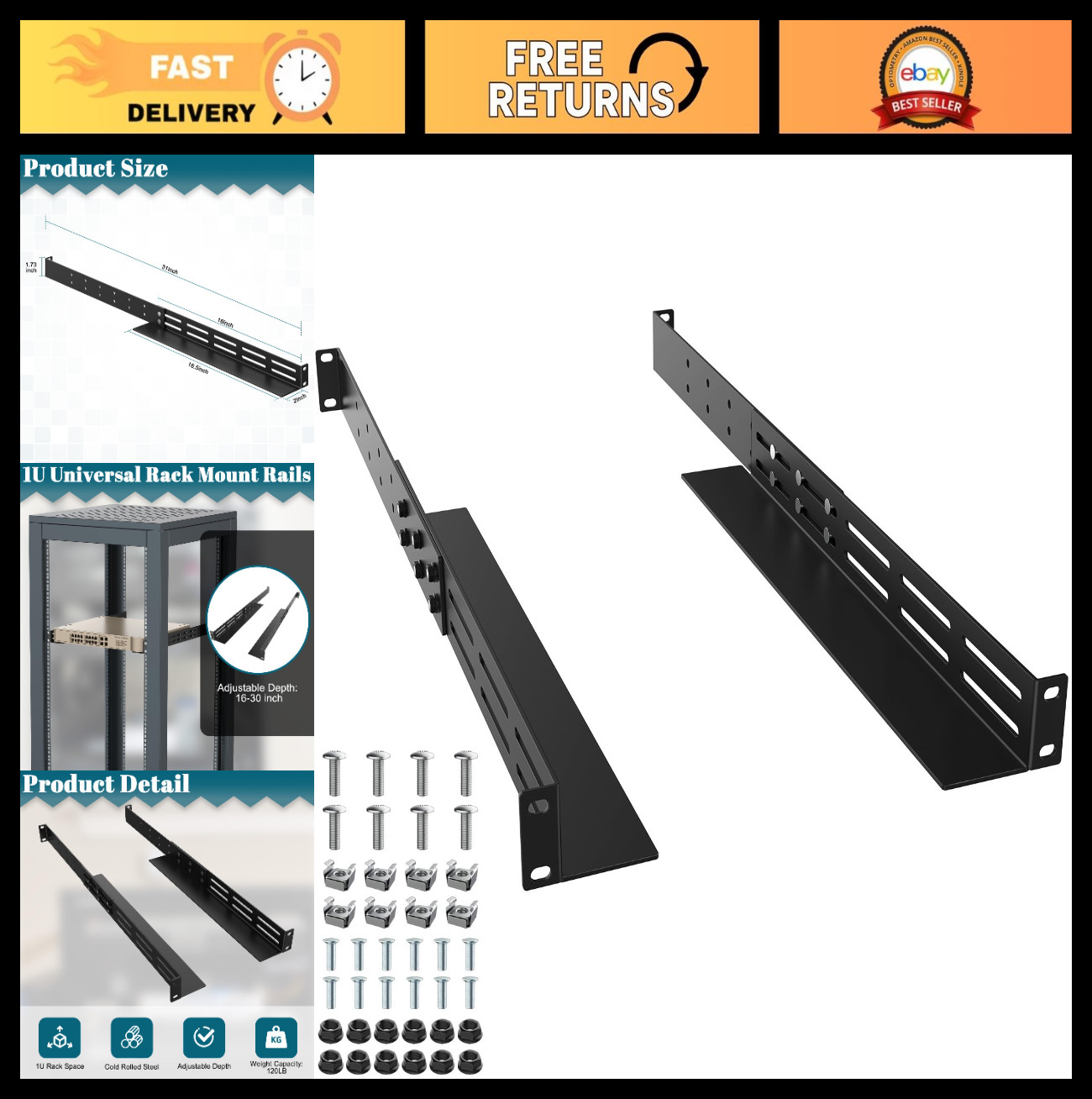 Universal 4-Post Rack Mount Rails - Adjustable Depth 16"-31" for Server Shelves