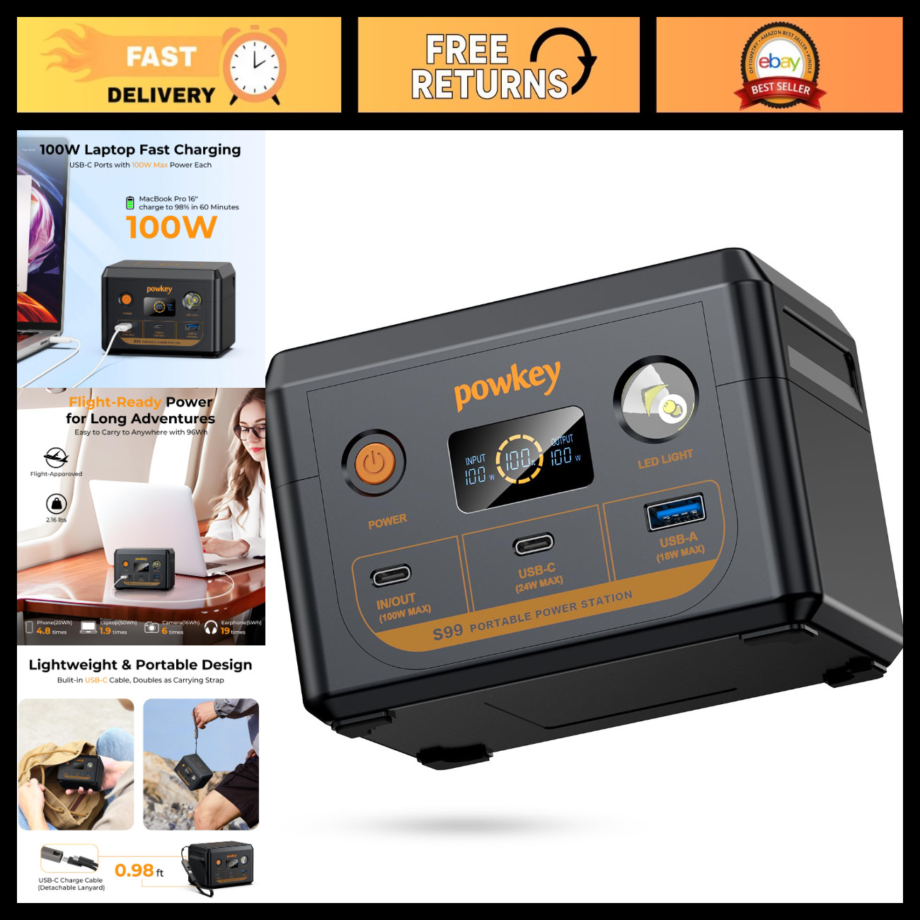 100W Portable Power Station for Laptops, USB-C Charging, Rechargeable Battery