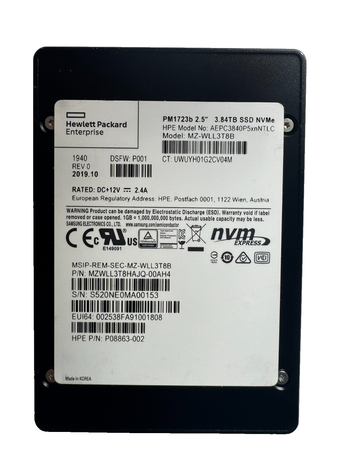 HPE SAMSUNG PM1723b 3.84TB 2.5" PCIe3.0 x4 NVMe U.2 SSD/Excellent HEALTH-98-99%