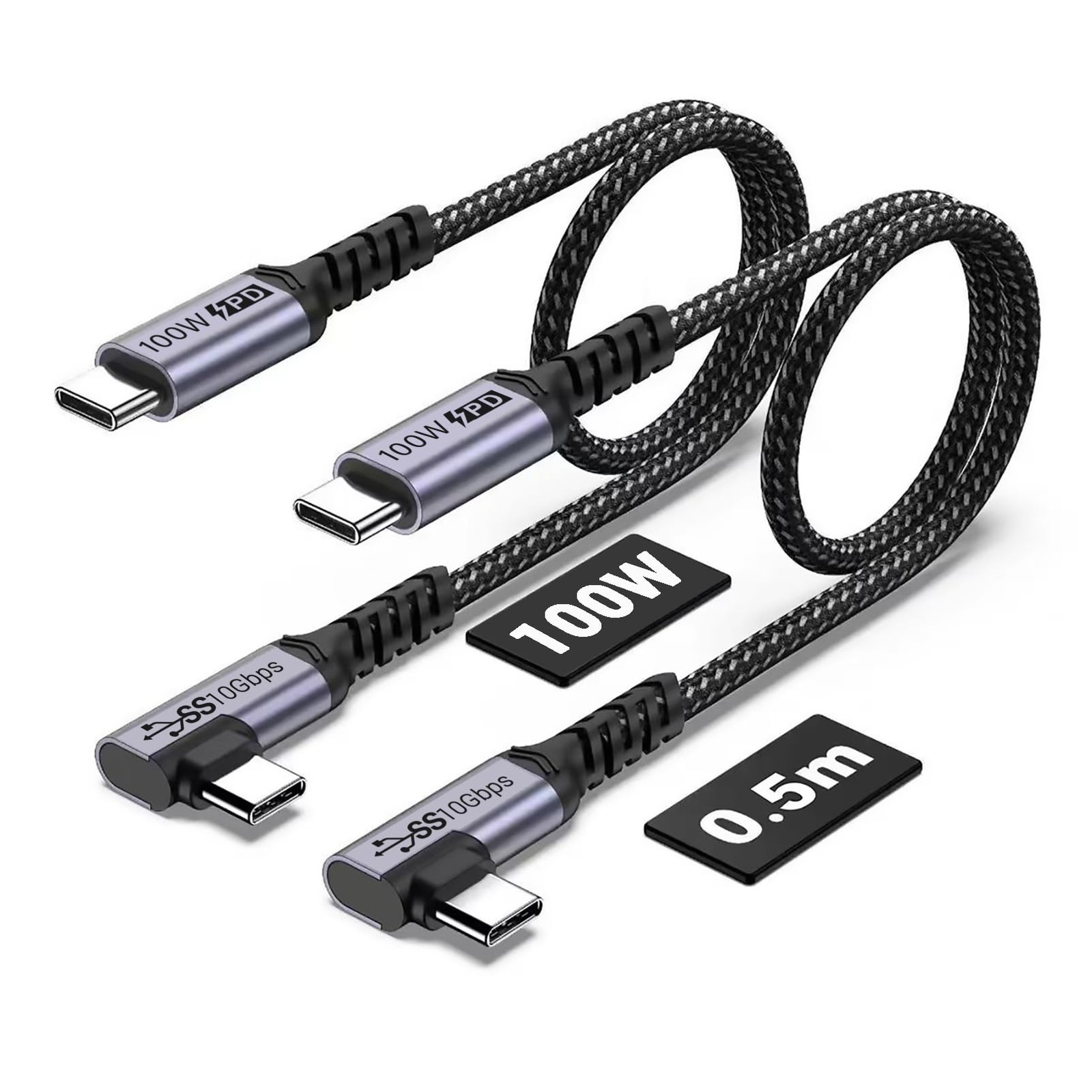 SUMPK 100W 1.5ft USB C Cable Right Angle, 2 Packs, 100w - 1.5ft, grey