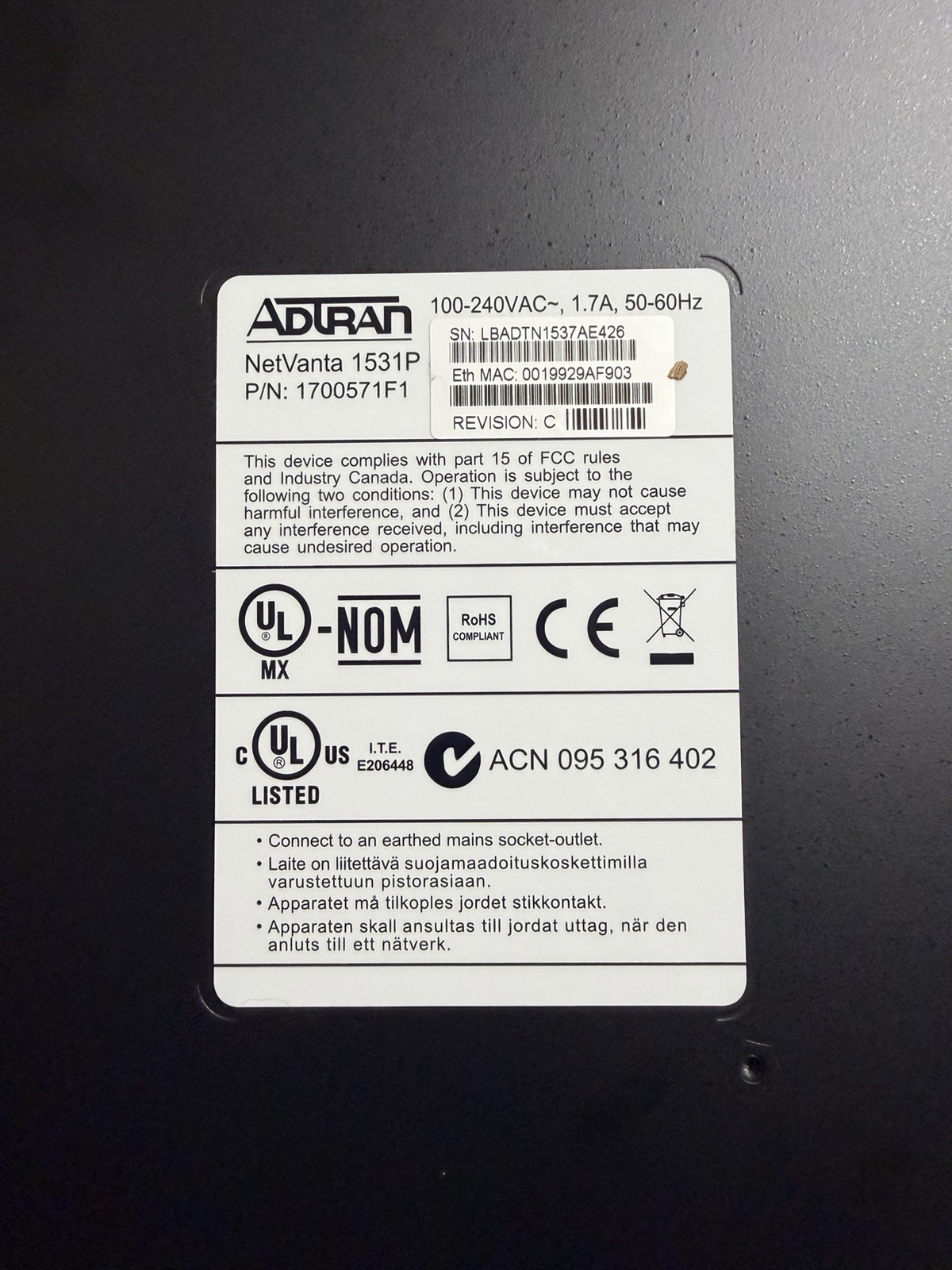 ADTRAN NETVANTA 1531P 12 PORT GIGABIT 8 POE+ L3 lite SWITCH 2-SFP 1700571F1 