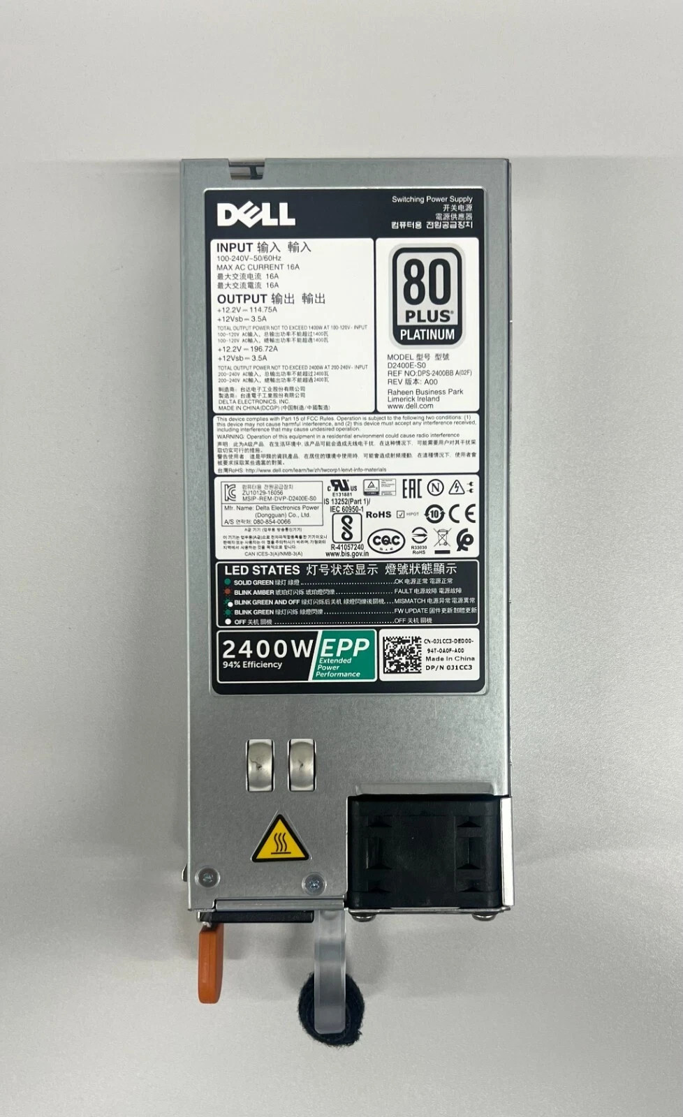 Dell PowerEdge R740xd C6400 2400W HotPlug 80Plus Platinum Power Supply PSU J1CC3