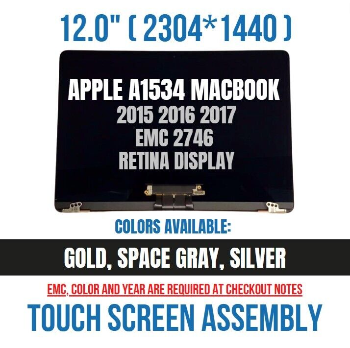 Apple MacBook A1534 Retina LCD Screen REPLACEMENT Assembly EMC 2746 2991 3099