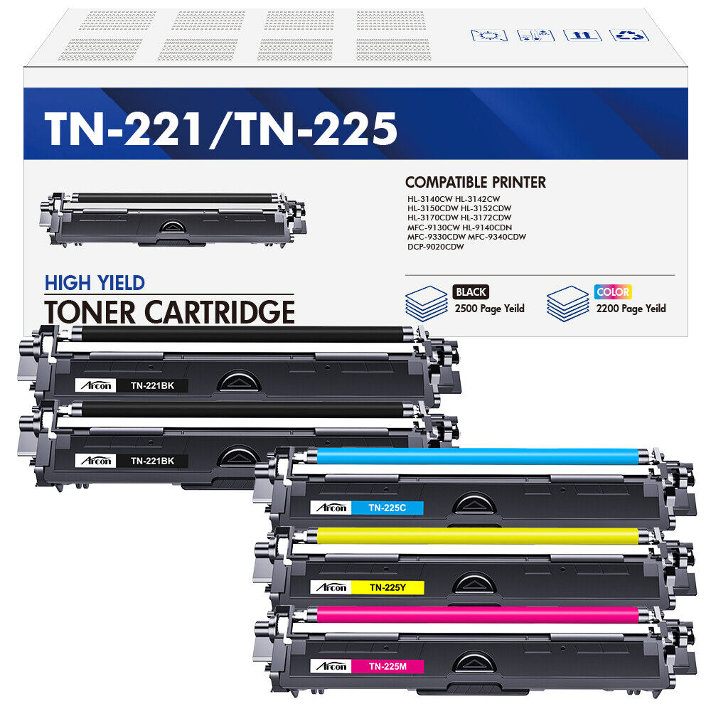 5 Pack TN-221BK TN-225 C/M/Y Color Toner Set For Brother HL-3140CW HL-3170CDW