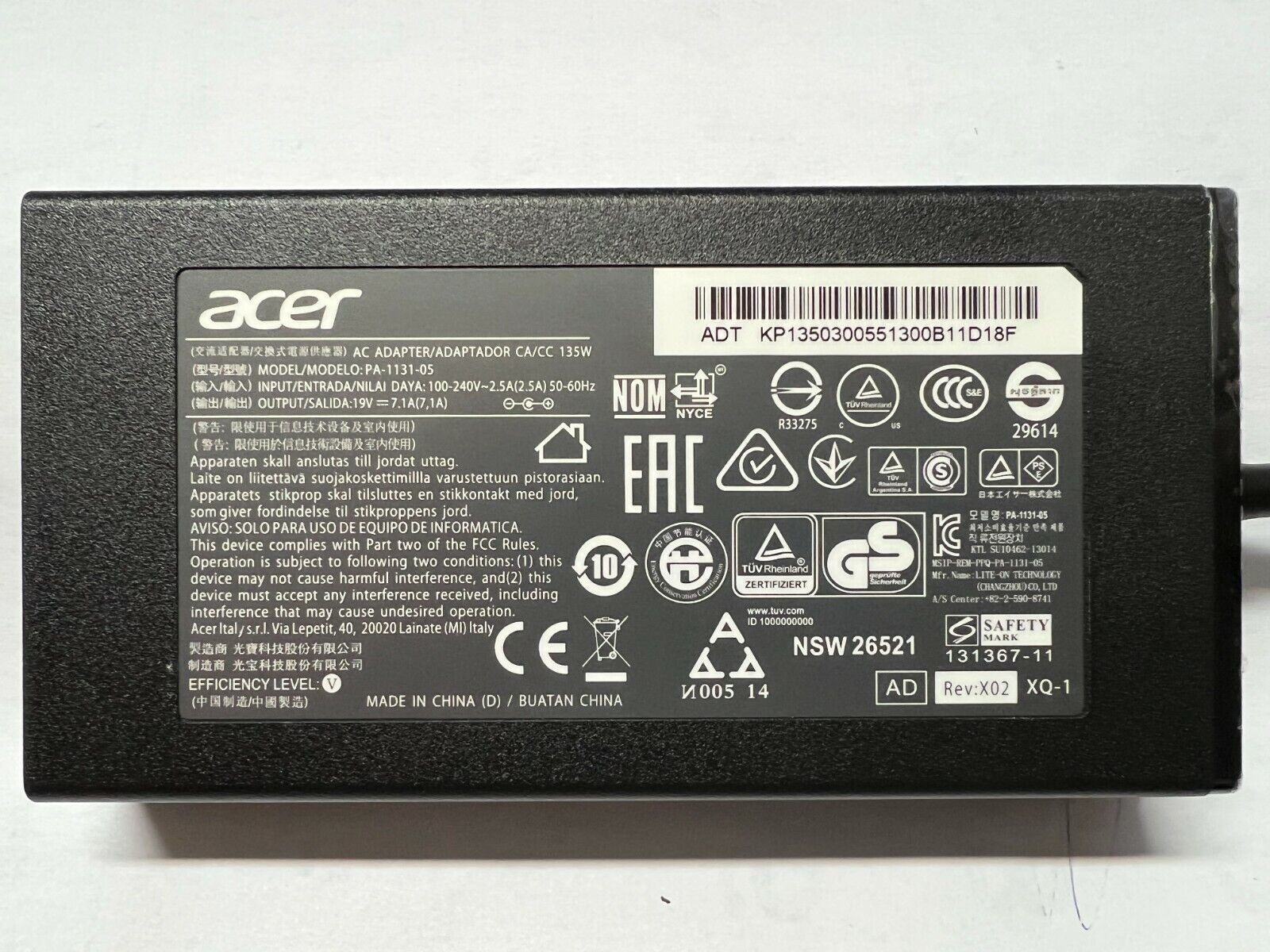 Acer ADP-135KB T 135W Ac Adapter PA-1131-05 5.5mm Purple Tip For Acer Aspire