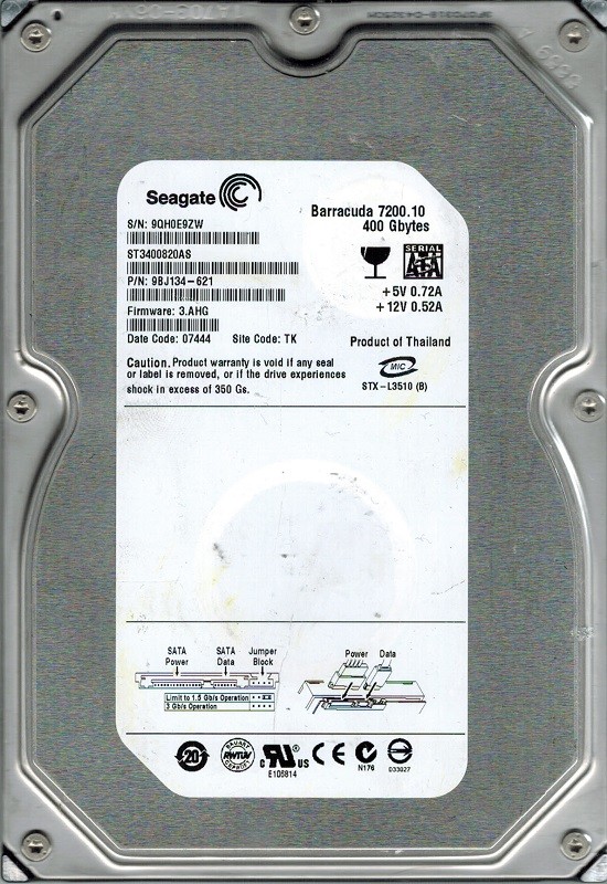 Seagate ST3400820AS P/N: 9BJ134-621 F/W: 3.AHG TK 400GB