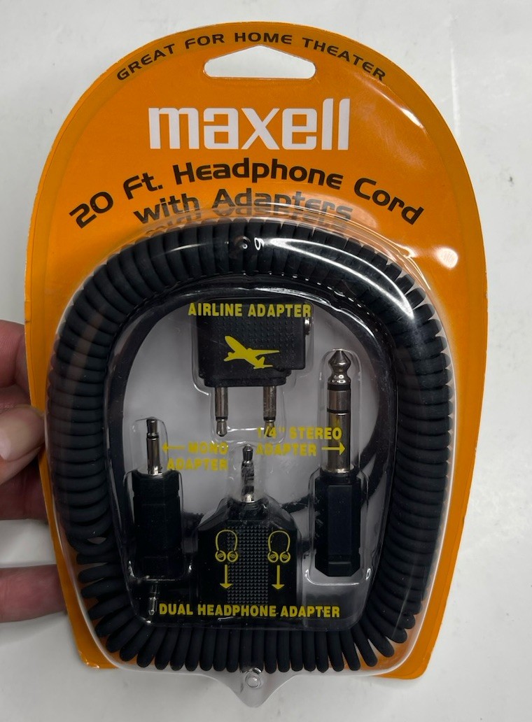 MAXELL 20' Coiled HEADPHONE CORD with 4 ADAPTERS HP-20 190399 NIB NEW Sealed