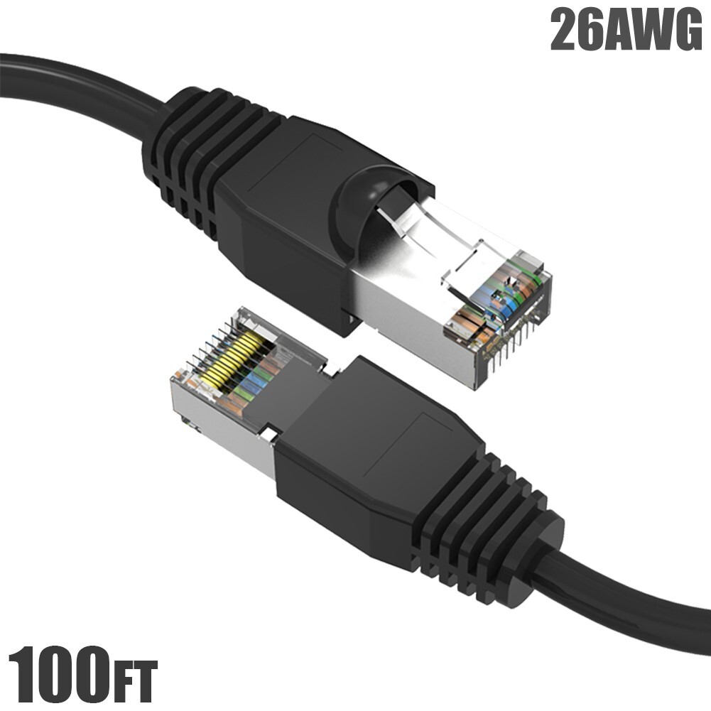 100FT Cat6A RJ45 Network LAN Ethernet Shielded Cable SSTP Booted 26AWG Black