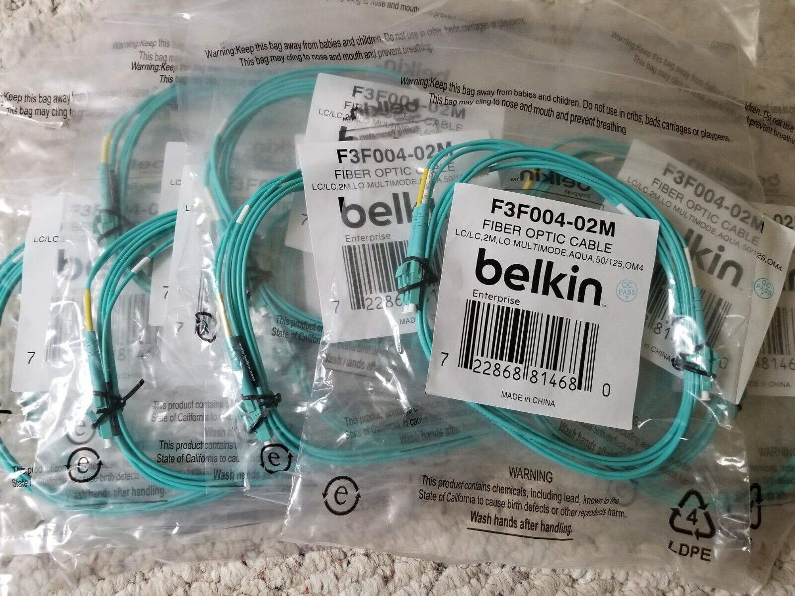 LOT of 3 Belkin Fiber Optic Network Cable F3F004-02M 