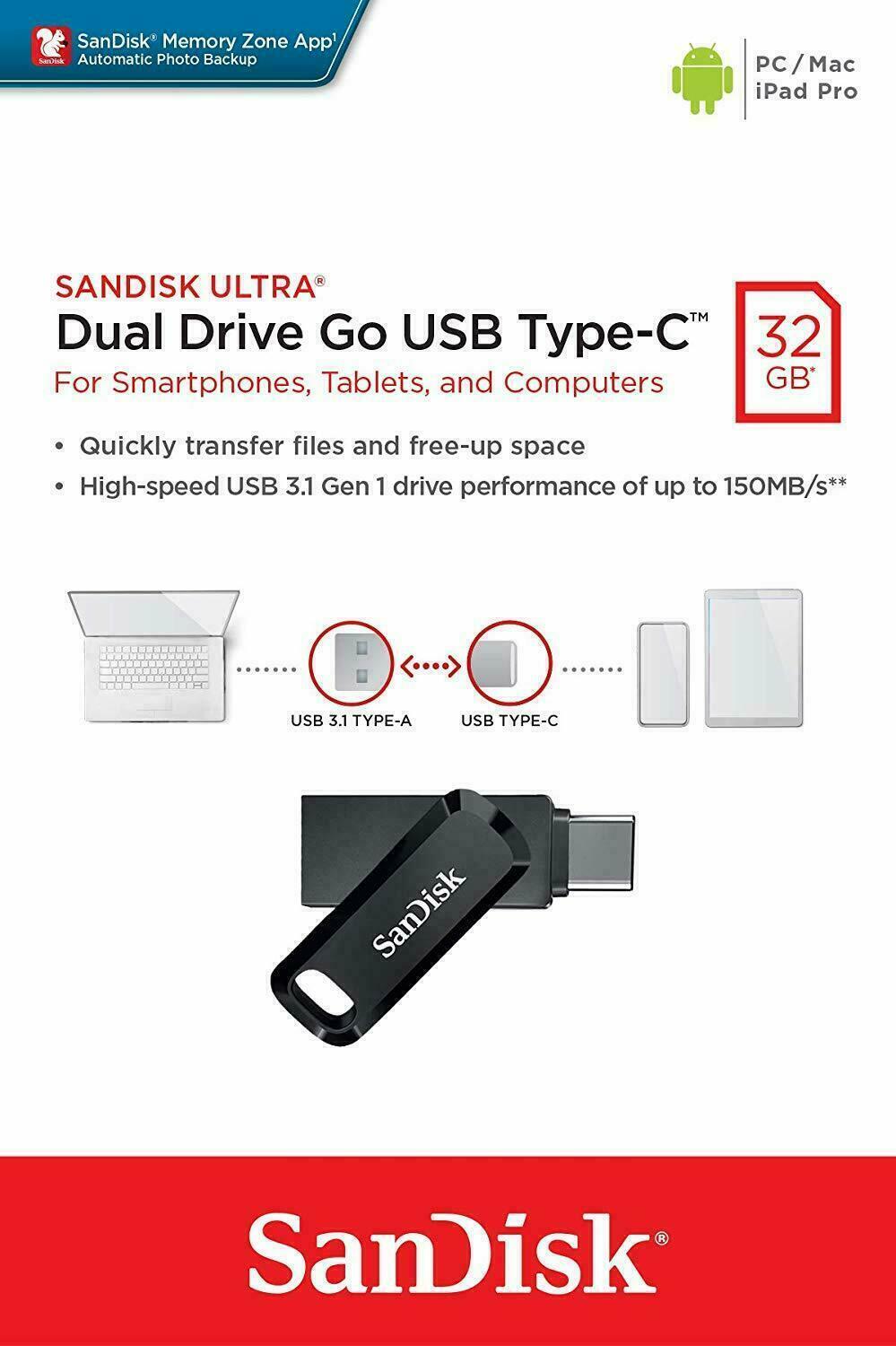 SanDisk Flash Drive Ultra Dual Go USB Type-A Type-C 32GB 64GB 128GB Phone Tablet