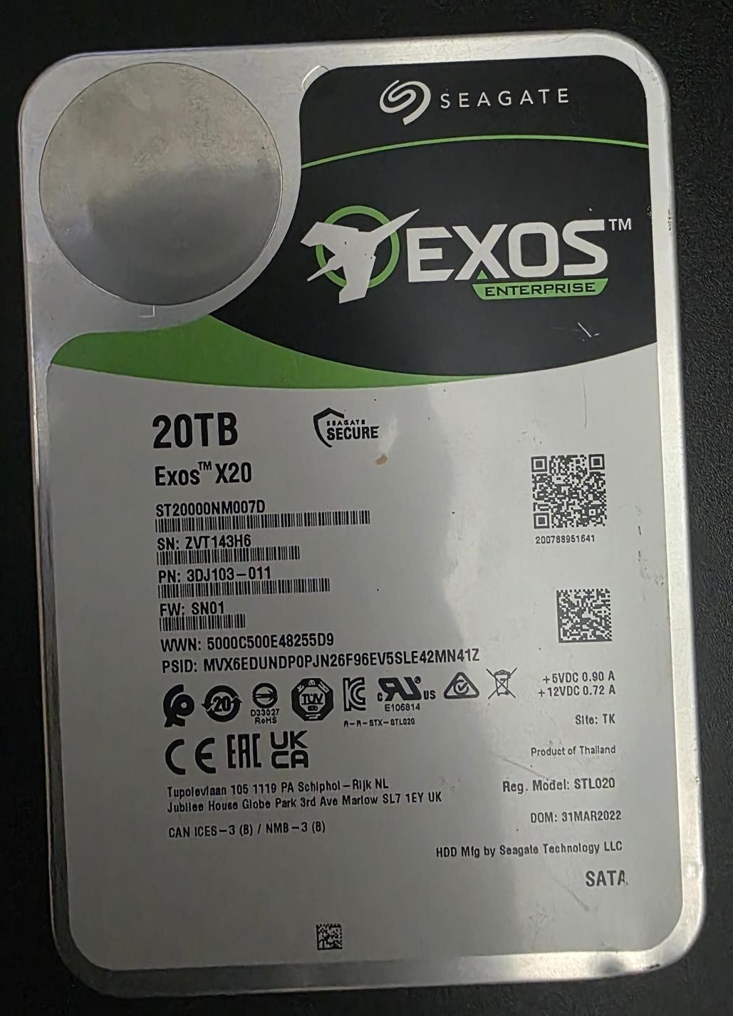 Seagate Exos X20 ST20000NM007D 20TB 7200 RPM 256MB Cache 3.5" Internal Hard Driv