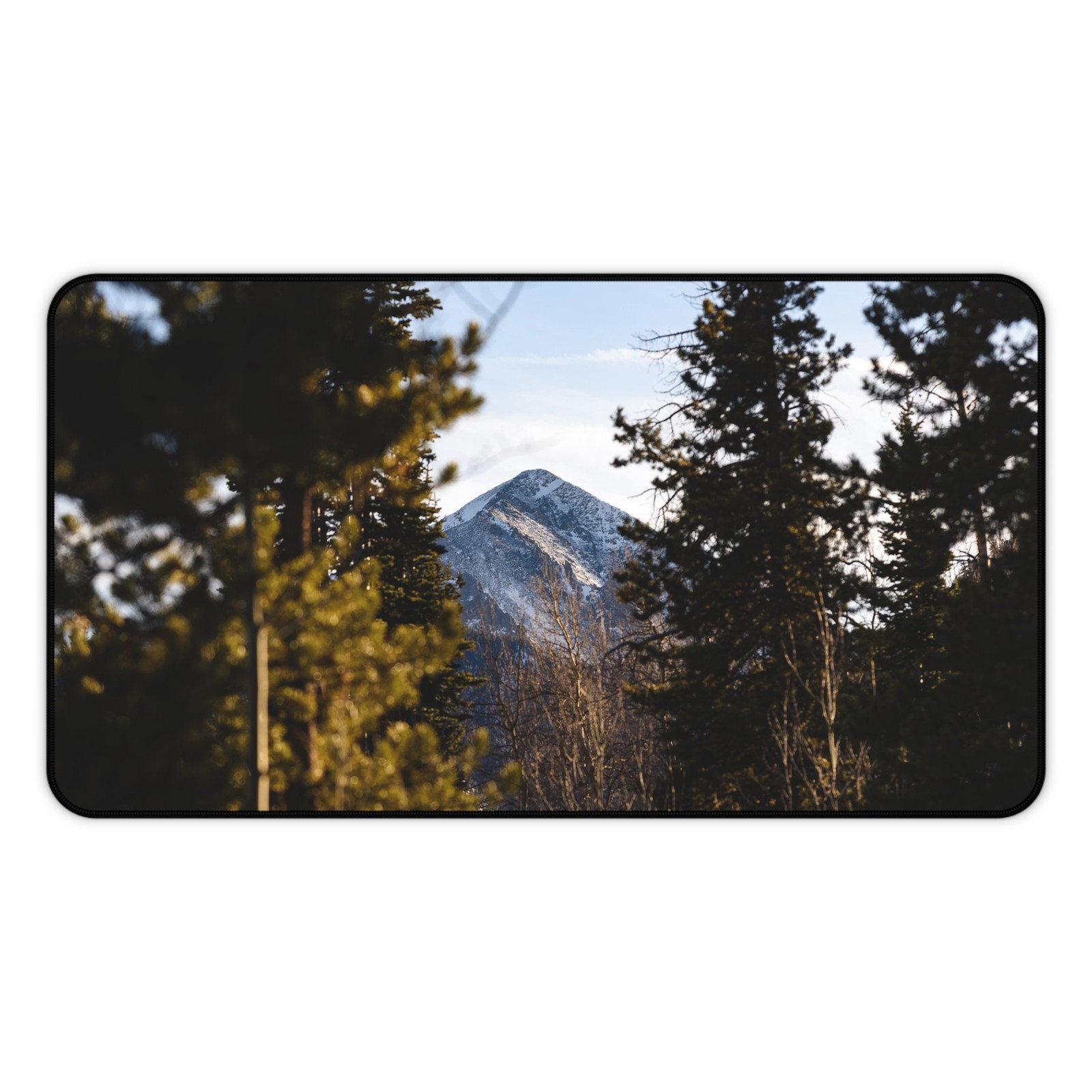 Colorado Snowy Mountain Among Pine Trees Desk Mat | Forest Landscape Mouse Pad