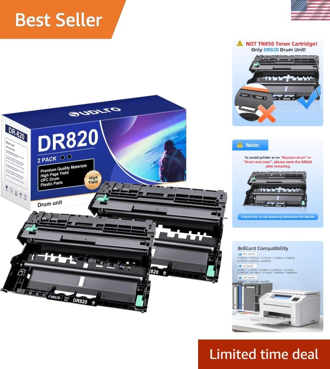 DR820 Drum Unit Replacement - 2 Pack for Brother Printers, 30,000 Pages