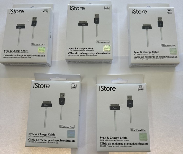 Lot of 5pcs Targus iStore 30-pin Sync/Charge Cable, 3.3 Feet, White and Blue (AC