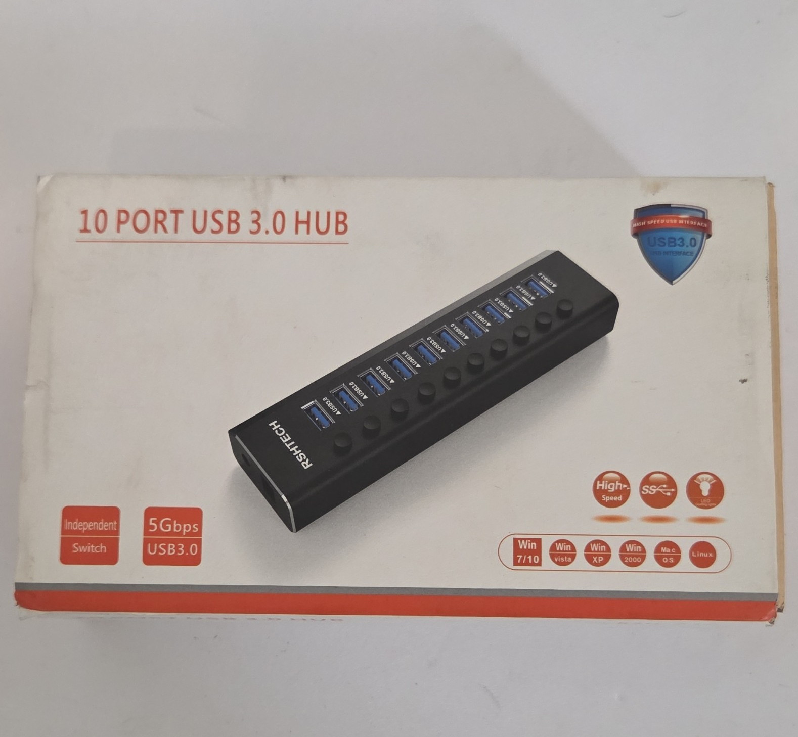 RSHTECH 10-Port USB 3.0 Powered Hub 5Gbps Independent Switches Black New