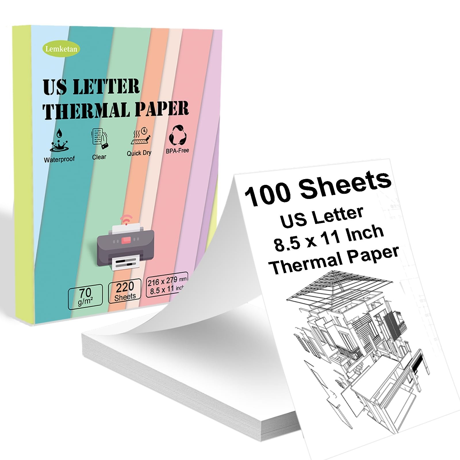 Lemketan US Letter Thermal Printer Paper 100 Sheets