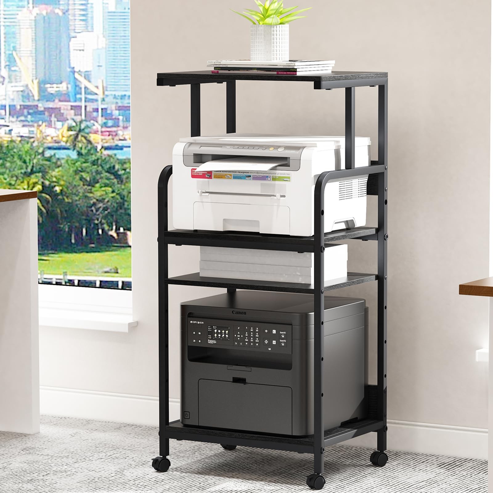 4 Tier Black Stand with Storage Shelf Mobile Adjustable for Heat Press Scanner