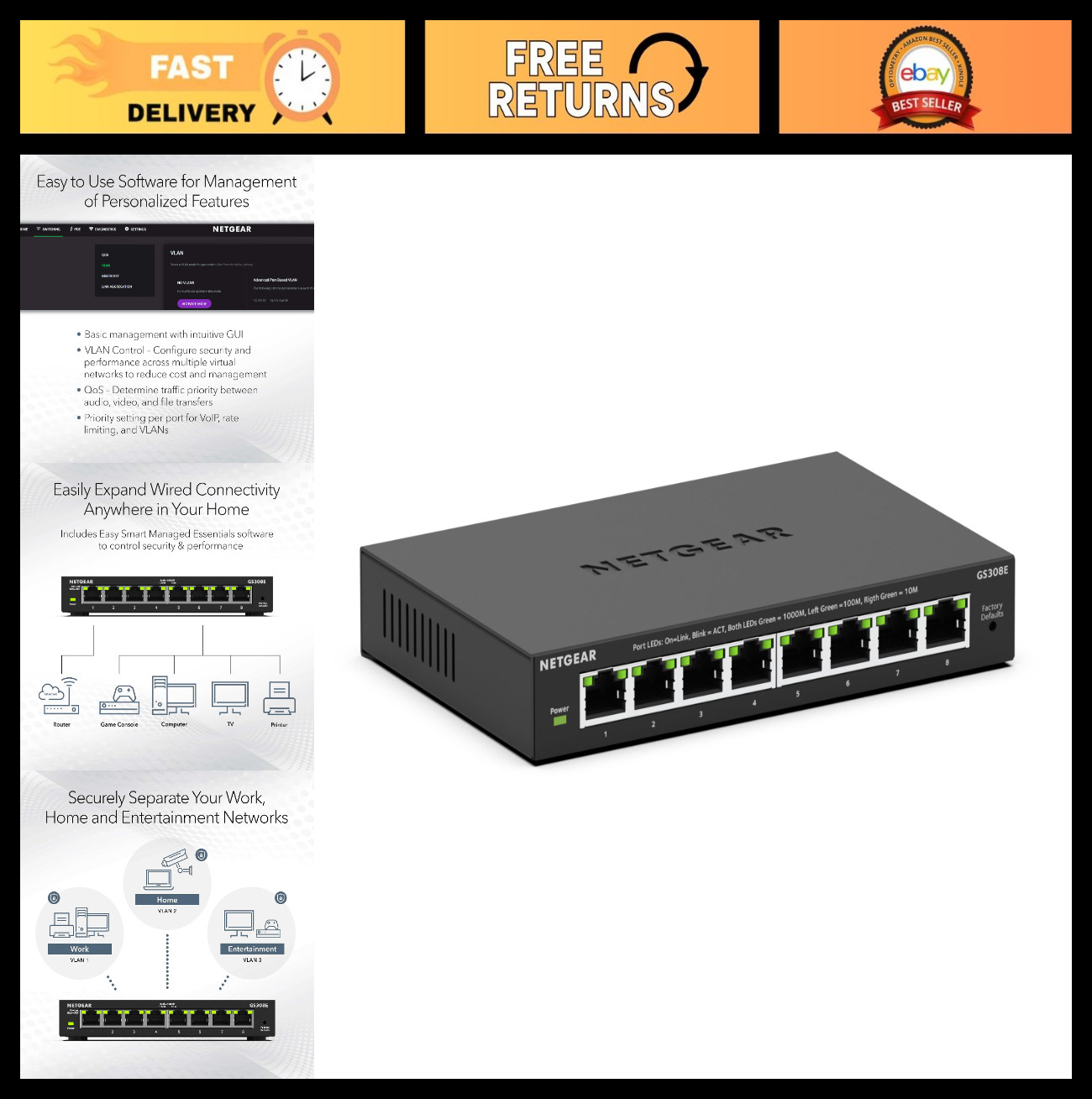 8-Port Gigabit Ethernet Switch - Easy Smart Managed, Desktop/Wall Mount, Home/Of