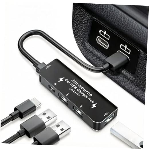 Car Accessories 4-in-1 Car USB Hub Equipped with a 0.4*3.18*1.1Inches Black