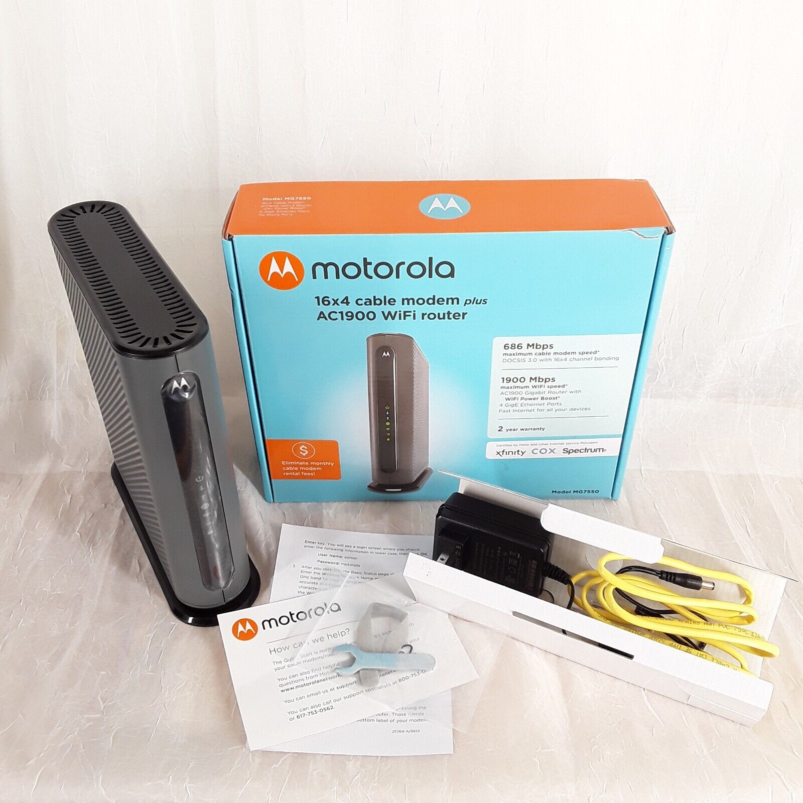 Motorola MG7550, 16x4 DOCSIS 3.0 Cable Modem plus AC1900 WiFi Router Power Boost