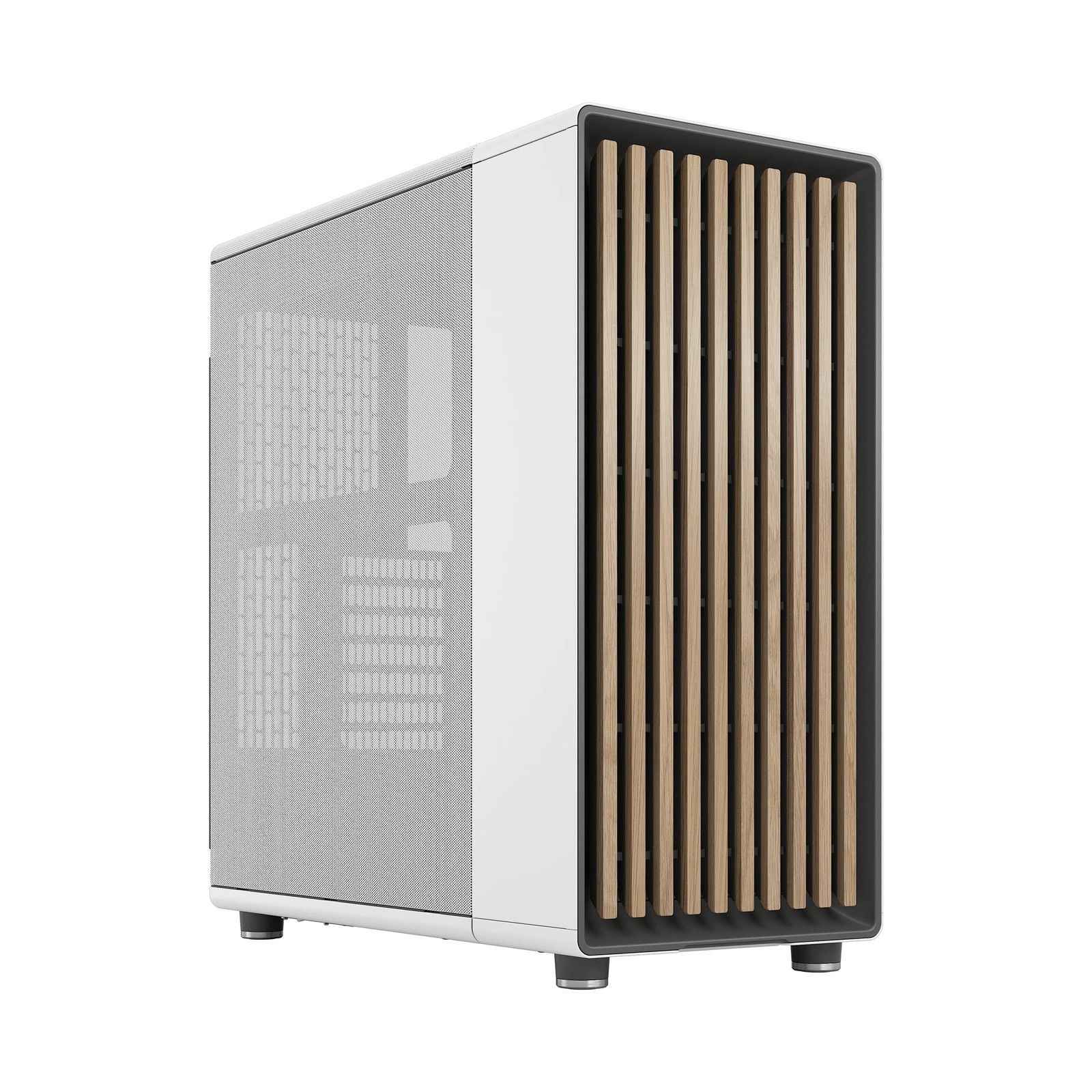 Sleek ATX Computer Chassis Chalk White with Natural Wood and Alloy Details