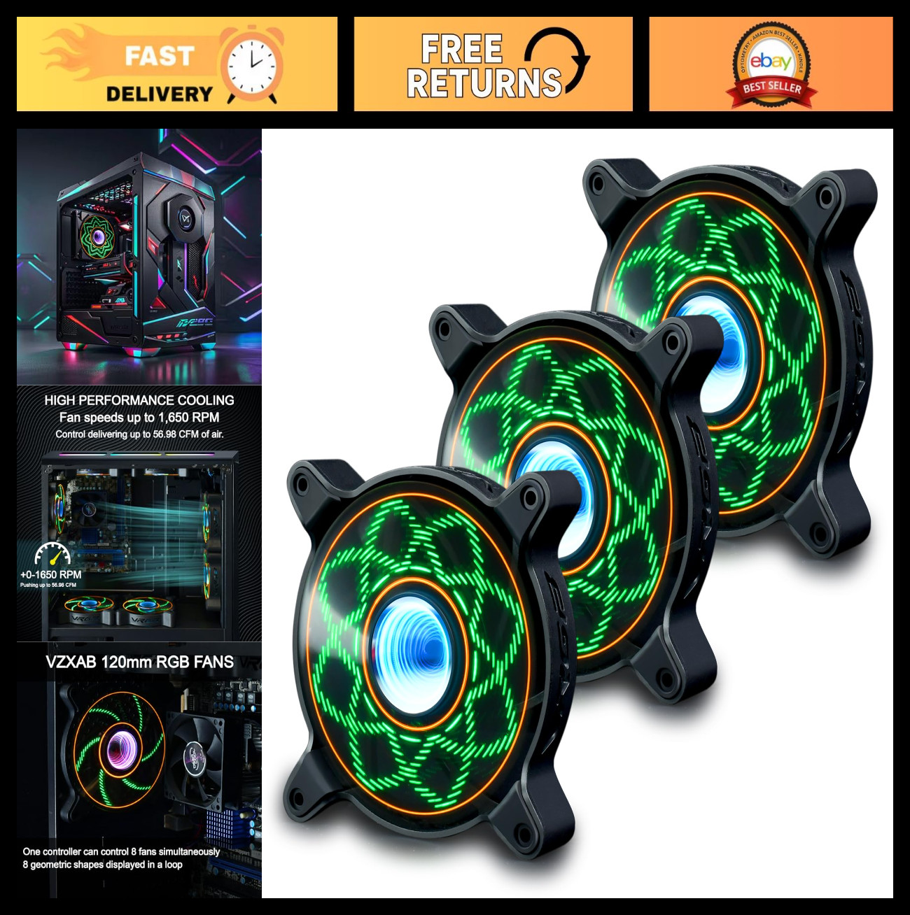 120mm RGB PC Cooling Fans - 1650 RPM Low Noise, LED Lighting, 3 Pack