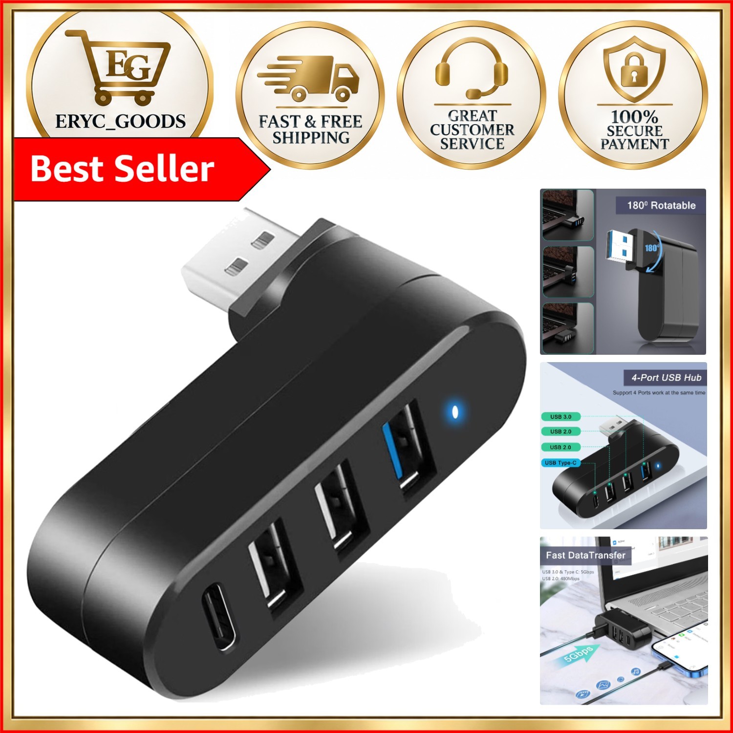 Compact USB 3.0 Hub with Rotatable Ports - Fast Data Transfer for Professionals