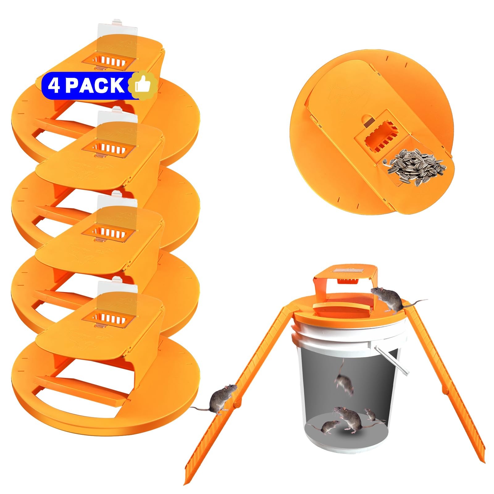 GISUNG 4-Pack Auto Reset Mouse Trap Bucket Lid Clear Box 2 Entrances Rat Bait
