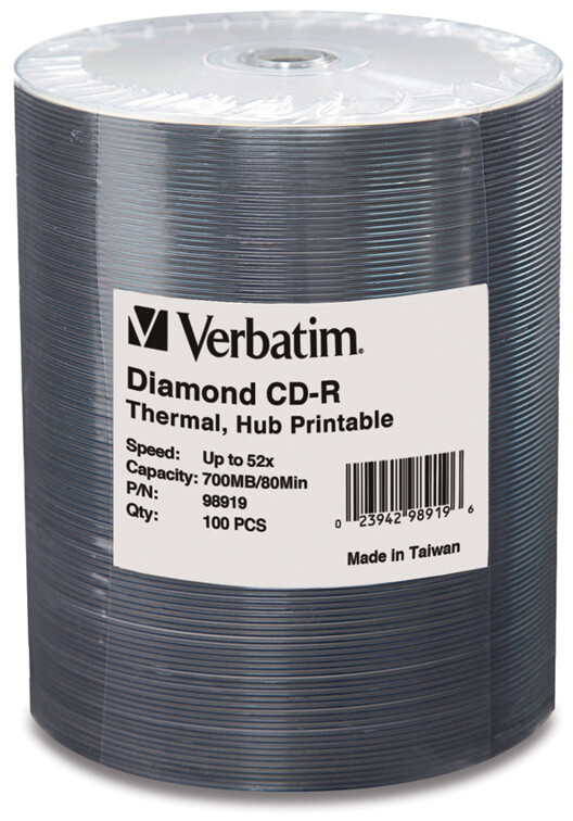 100-Pak Verbatim White Thermal Hub Printable DIAMONDSILVER 52X 80-Min CD-R's