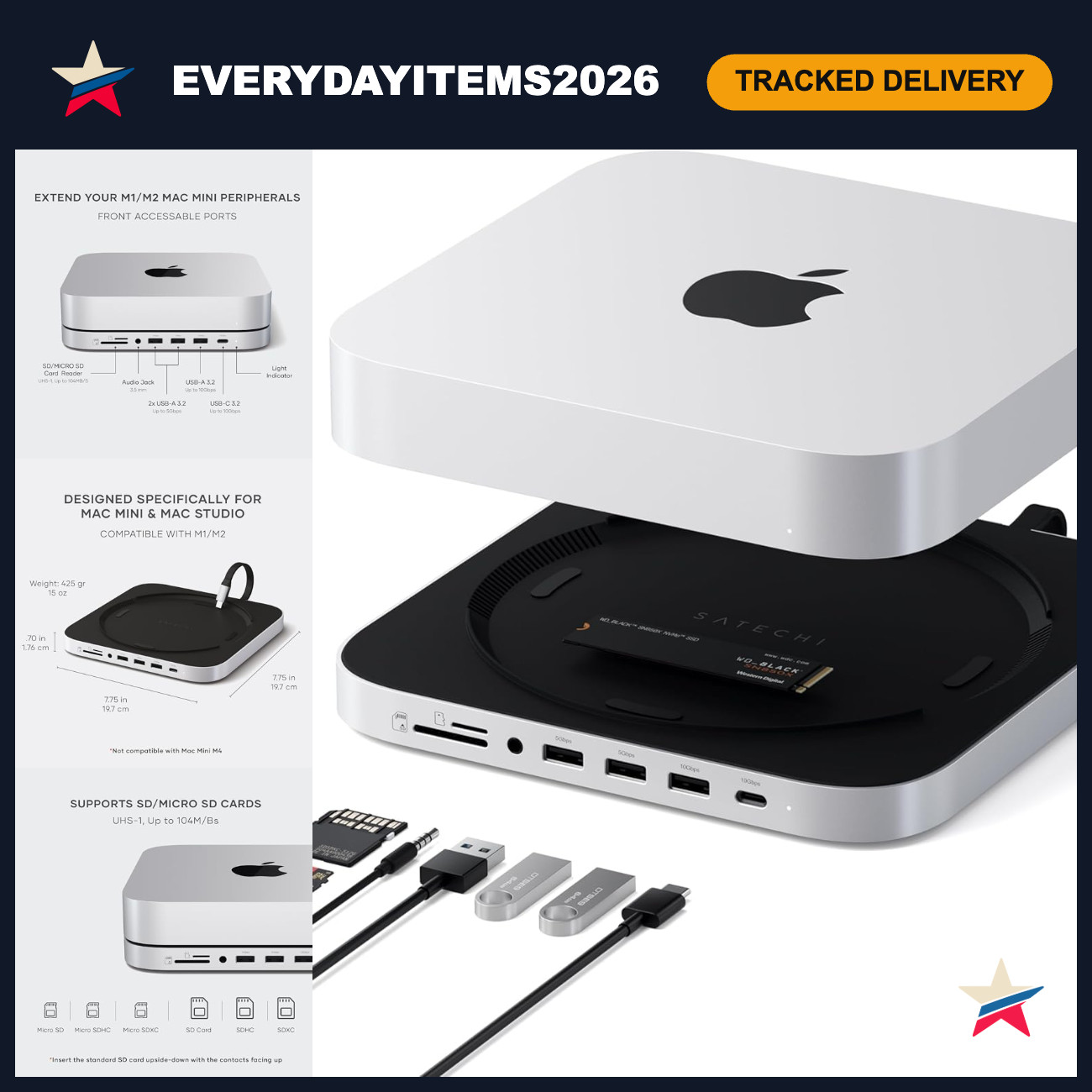 Mac Studio M5 Hub & Stand with NVMe SSD Enclosure - Sleek Silver Design