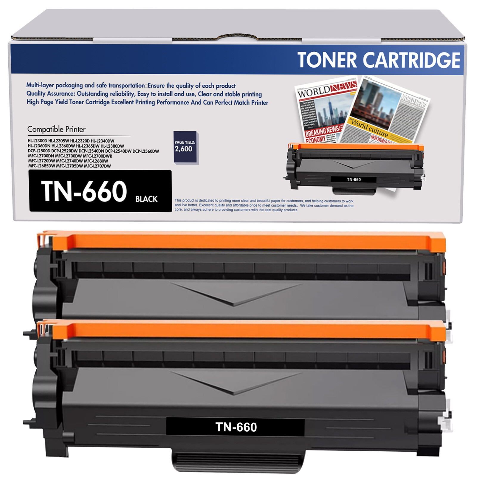 2PK HY TN660 Toner Cartridge For Brother MFC-L2700DW HL-L2300D DCP-L2540DW TN630