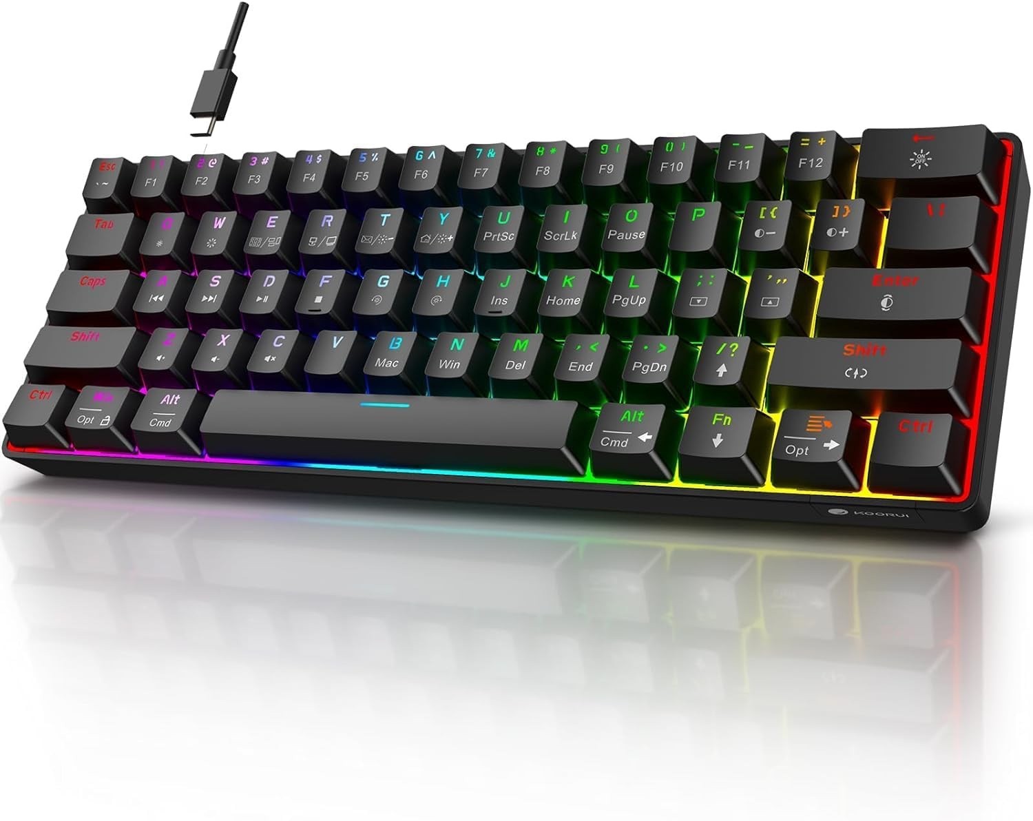KOORUI 60% 61 Keys Wired Ultra-Compact Mechanical Keyboard, RGB Backlit - Black